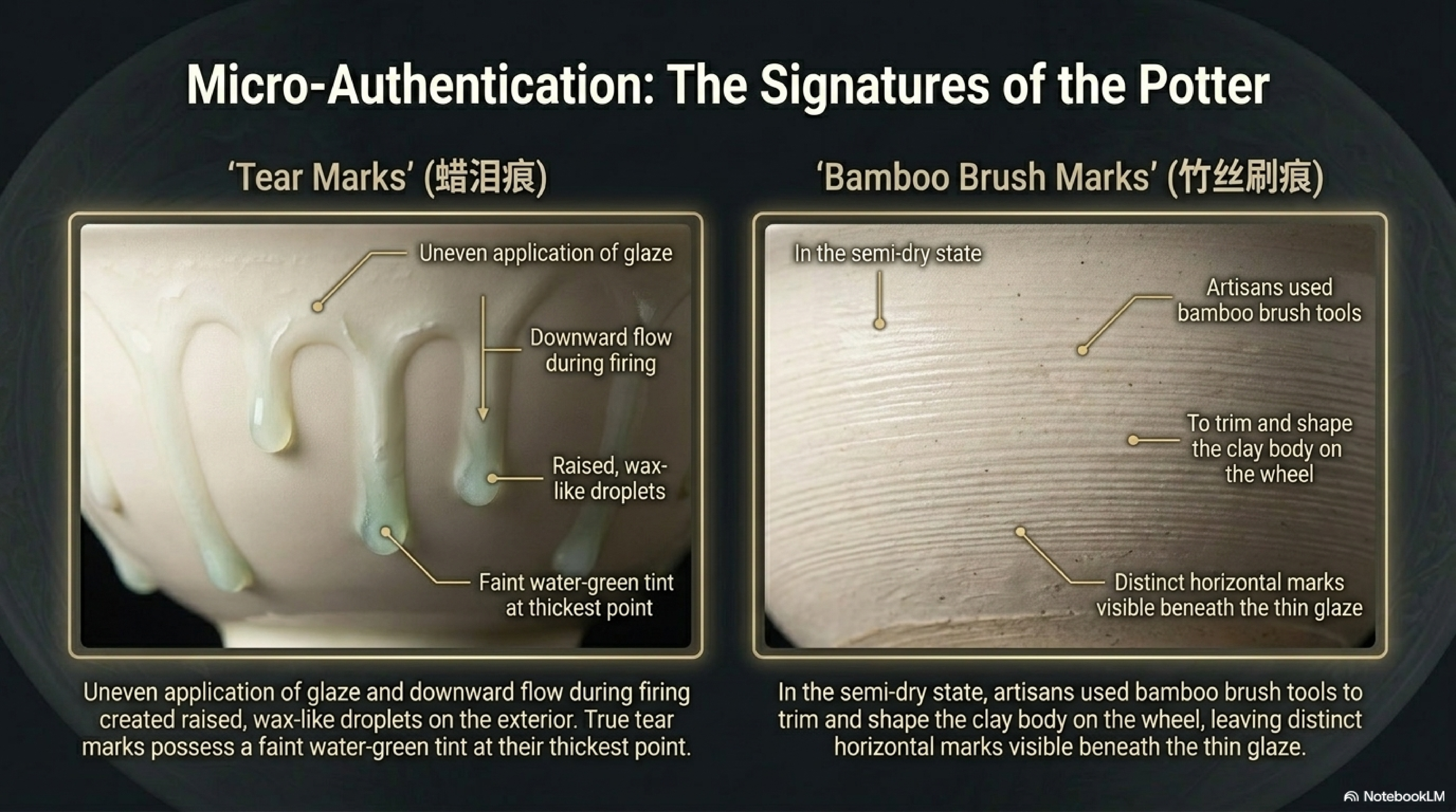 Micro-authentication of Ding ware: Wax Tear Marks (蜡泪痕) showing raised glaze droplets with a water-green tint, and Bamboo Brush Marks (竹丝刷痕) showing horizontal striations visible beneath the thin glaze
