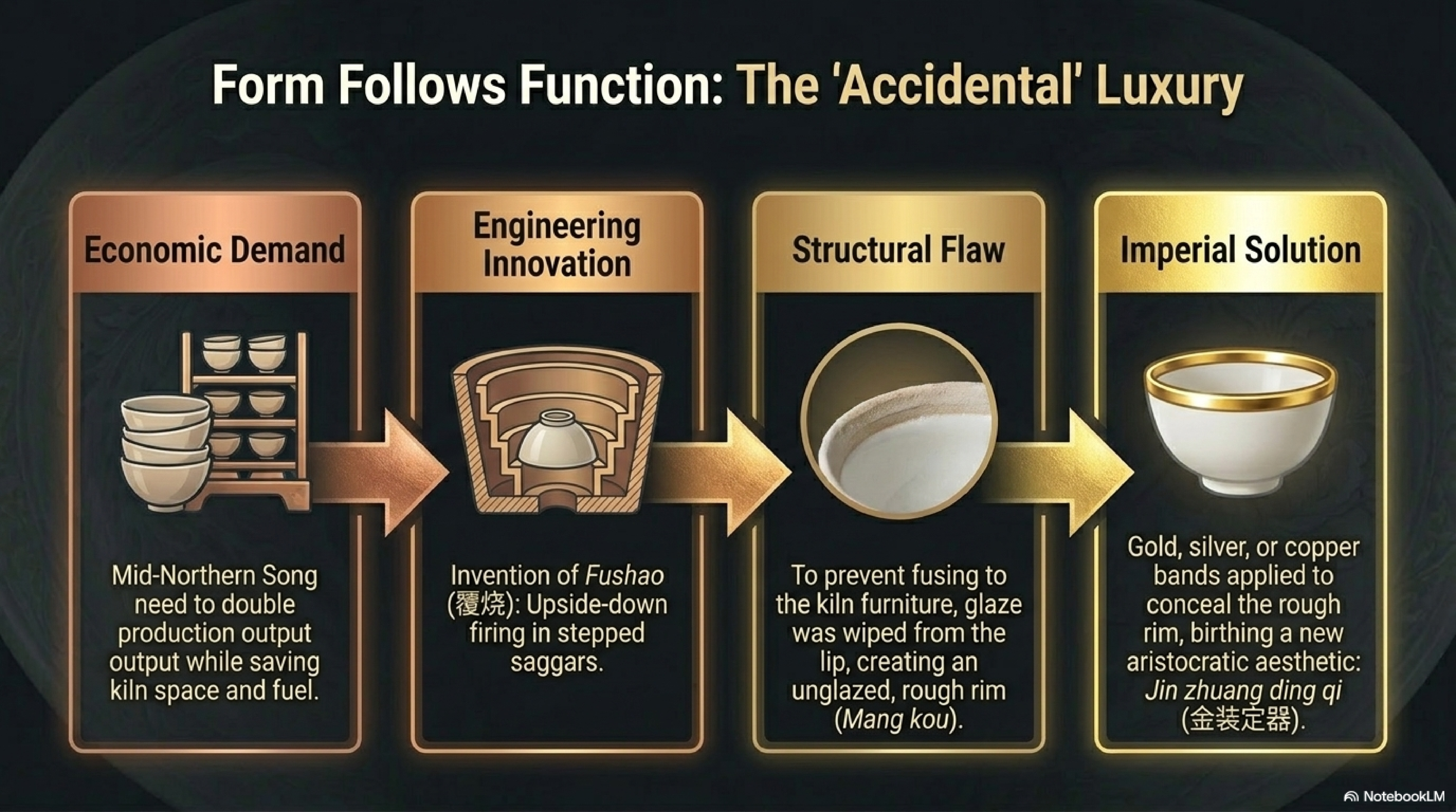Form Follows Function: the four-stage story of Ding ware's upside-down firing innovation — Economic Demand leads to the Engineering Innovation of Fushao, which creates the Structural Flaw of Mang Kou, resolved by the Imperial Solution of metal-banded rims (Jin Zhuang Ding Qi)