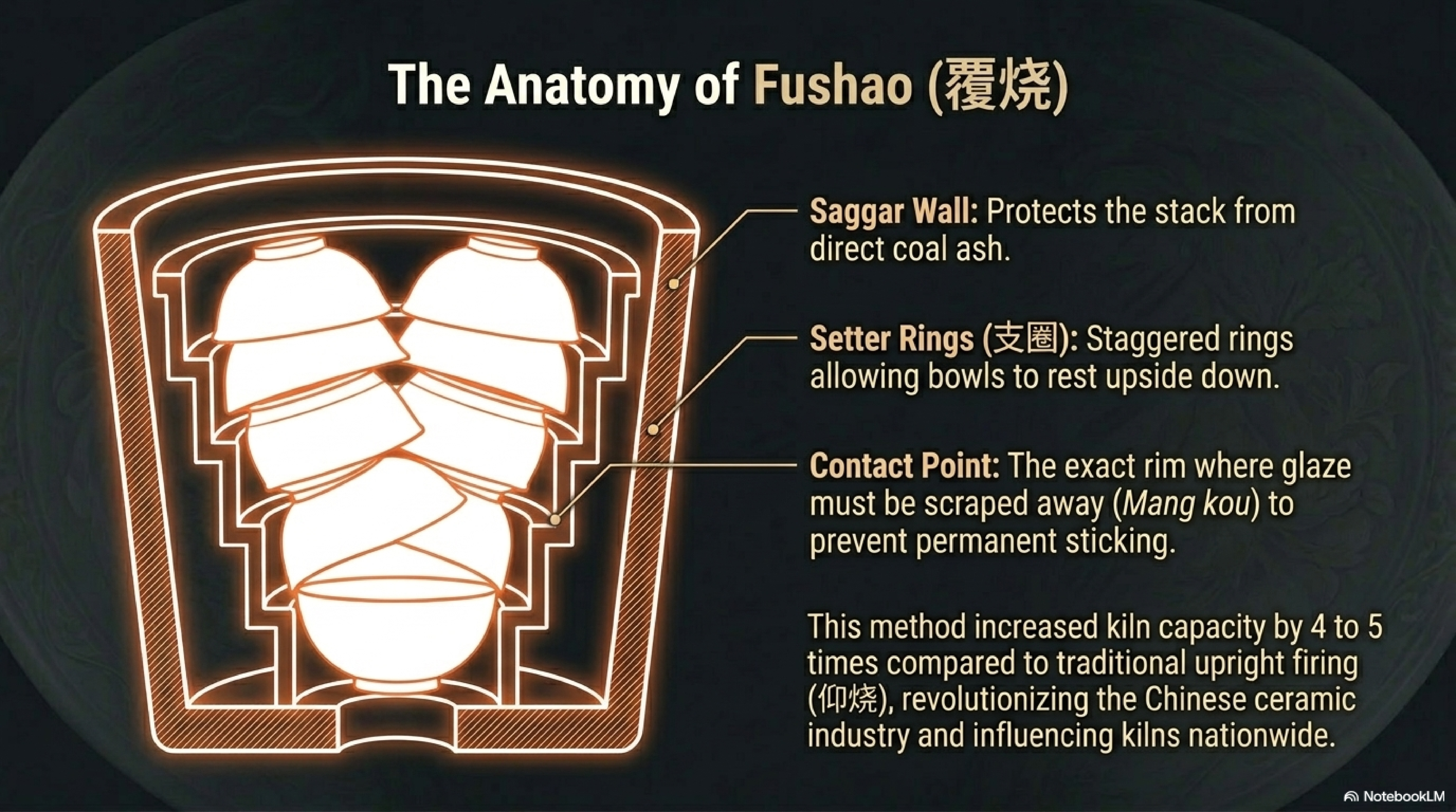 The anatomy of Fushao (覆烧): saggar wall protecting from coal ash, setter rings (支圈) allowing bowls to rest upside down, and the contact point where glaze is scraped away to create the Mang Kou unglazed rim