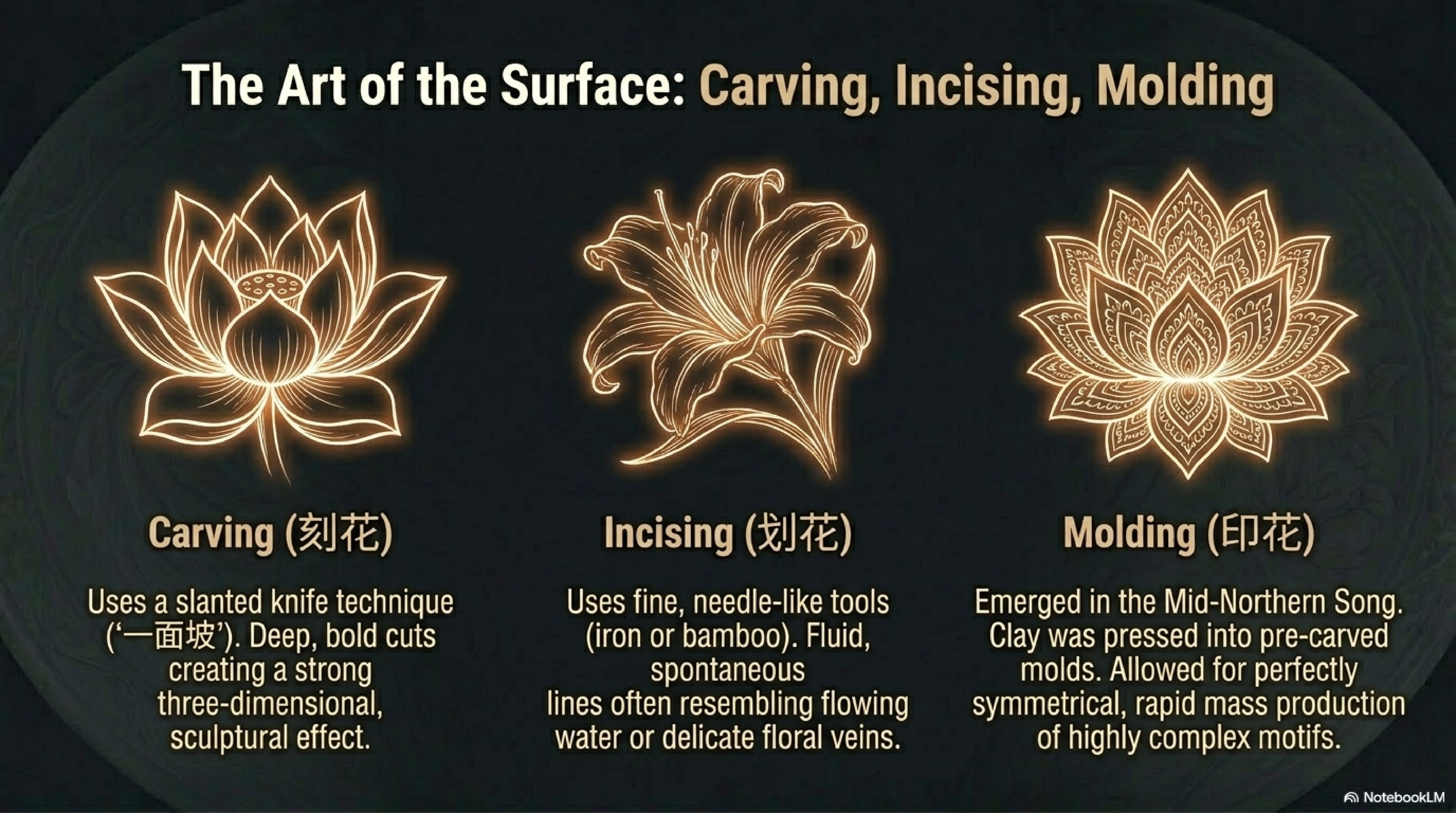 The art of Ding ware surface decoration: Carving (刻花), Incising (划花), and Moulding (印花) illustrated with lotus and lily motifs