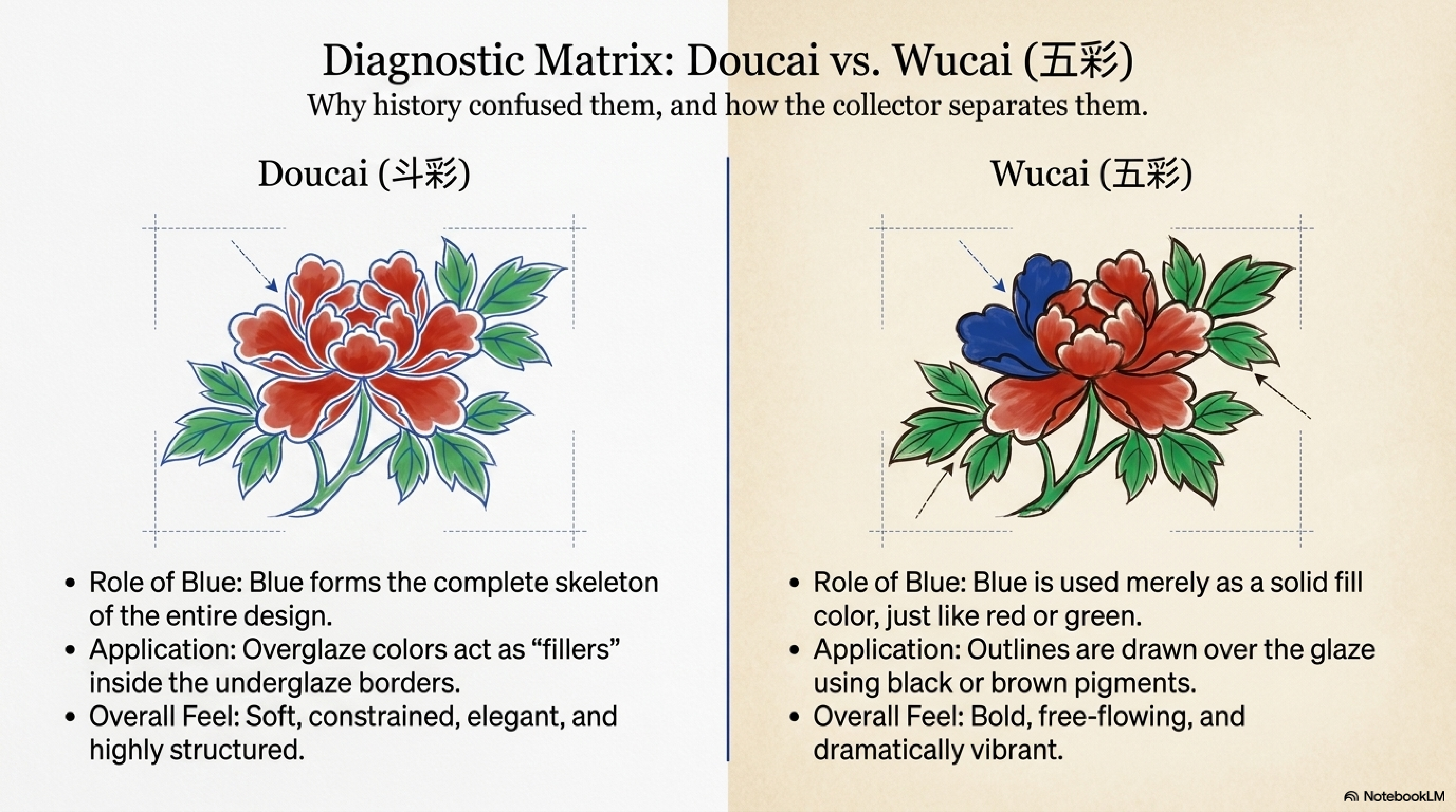 Side-by-side comparison of Doucai and Wucai — Doucai showing complete cobalt outline with enamel fills, Wucai showing cobalt as one colour field among several without structural outline function