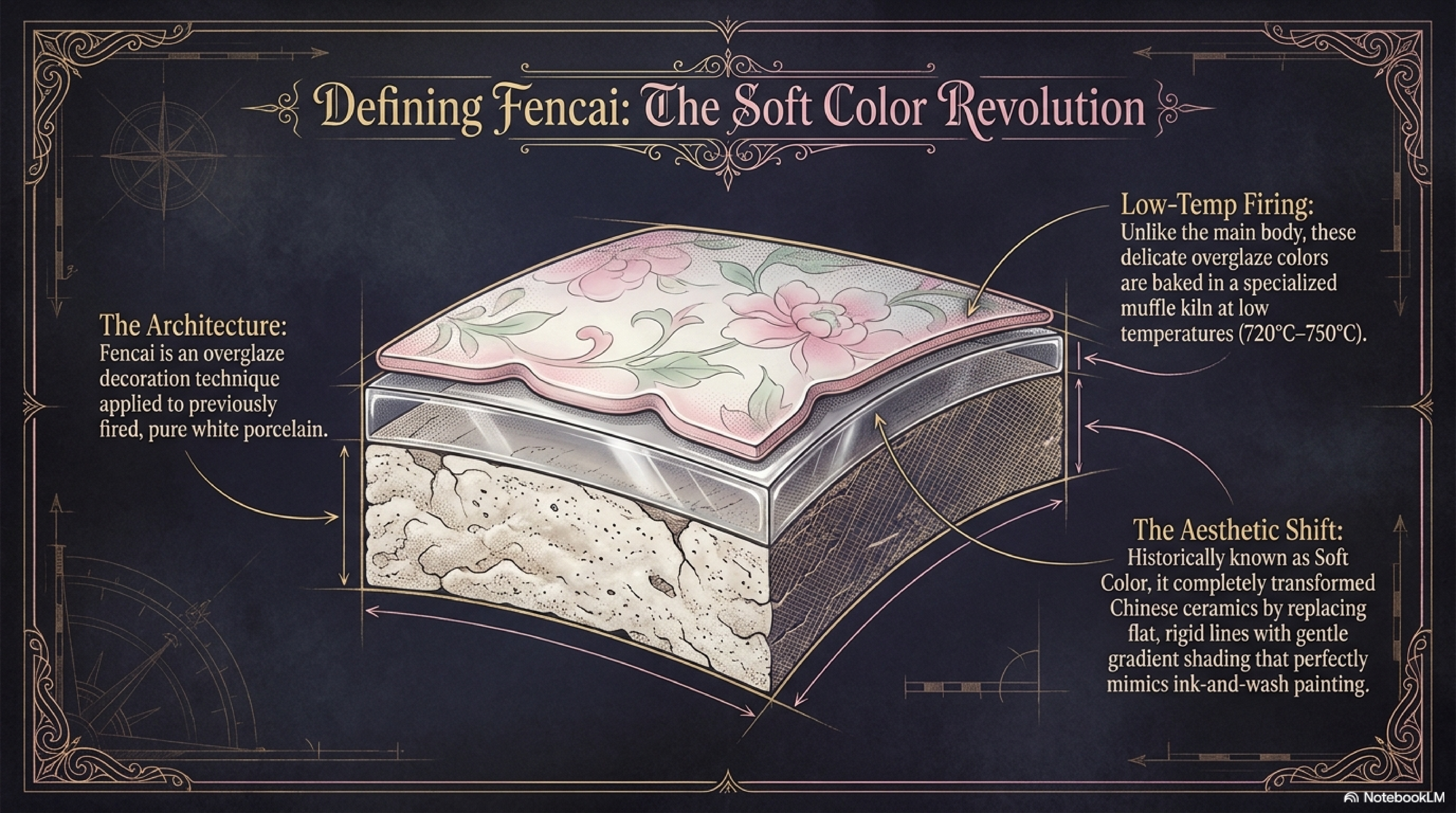 Famille Rose anatomy diagram — cross-section showing overglaze technique on pre-fired porcelain body: 玻璃白 opaque arsenate-lead base layer, colour enamel application, 洗染 brush-blending, and 720–750°C low-temperature kiln firing