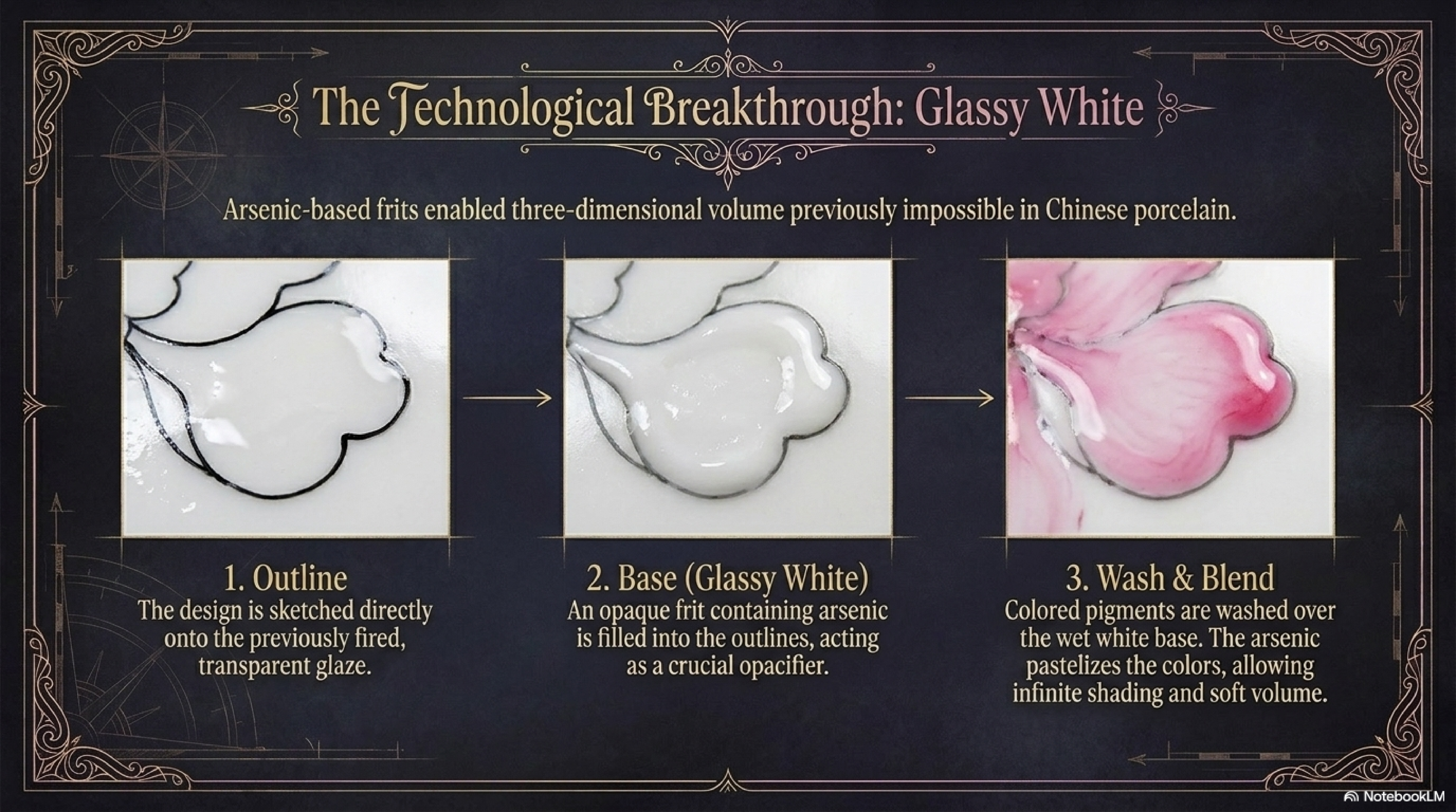 玻璃白 three-step process diagram — Stage 1: composition outline; Stage 2: opaque arsenate 玻璃白 base applied beneath colour areas; Stage 3: 洗染 soft-brush blending creating tonal gradation