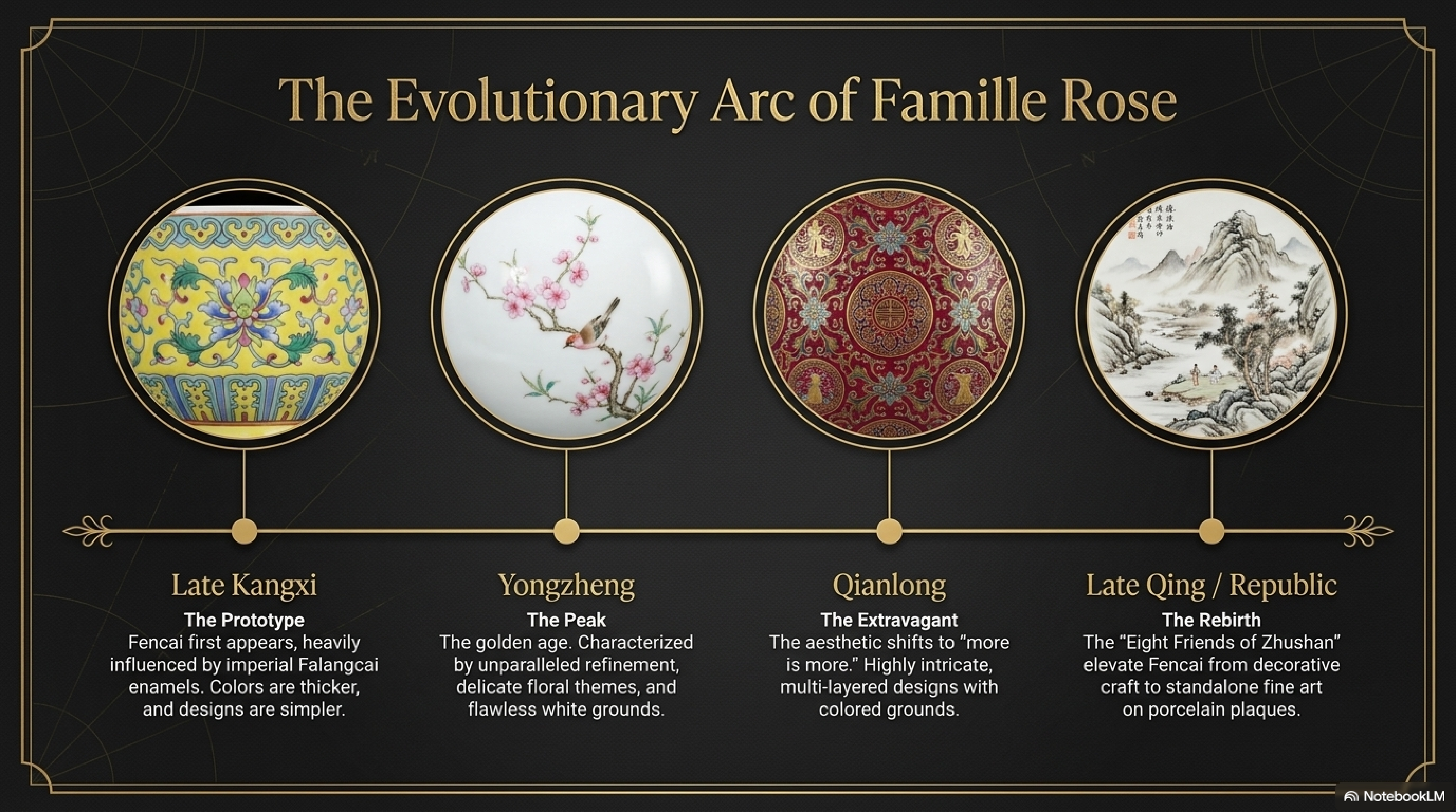 The evolutionary arc of Famille Rose — four-era timeline diagram from Late Kangxi experiment through Yongzheng peak, Qianlong baroque elaboration, and Late Qing to Republican literati revival