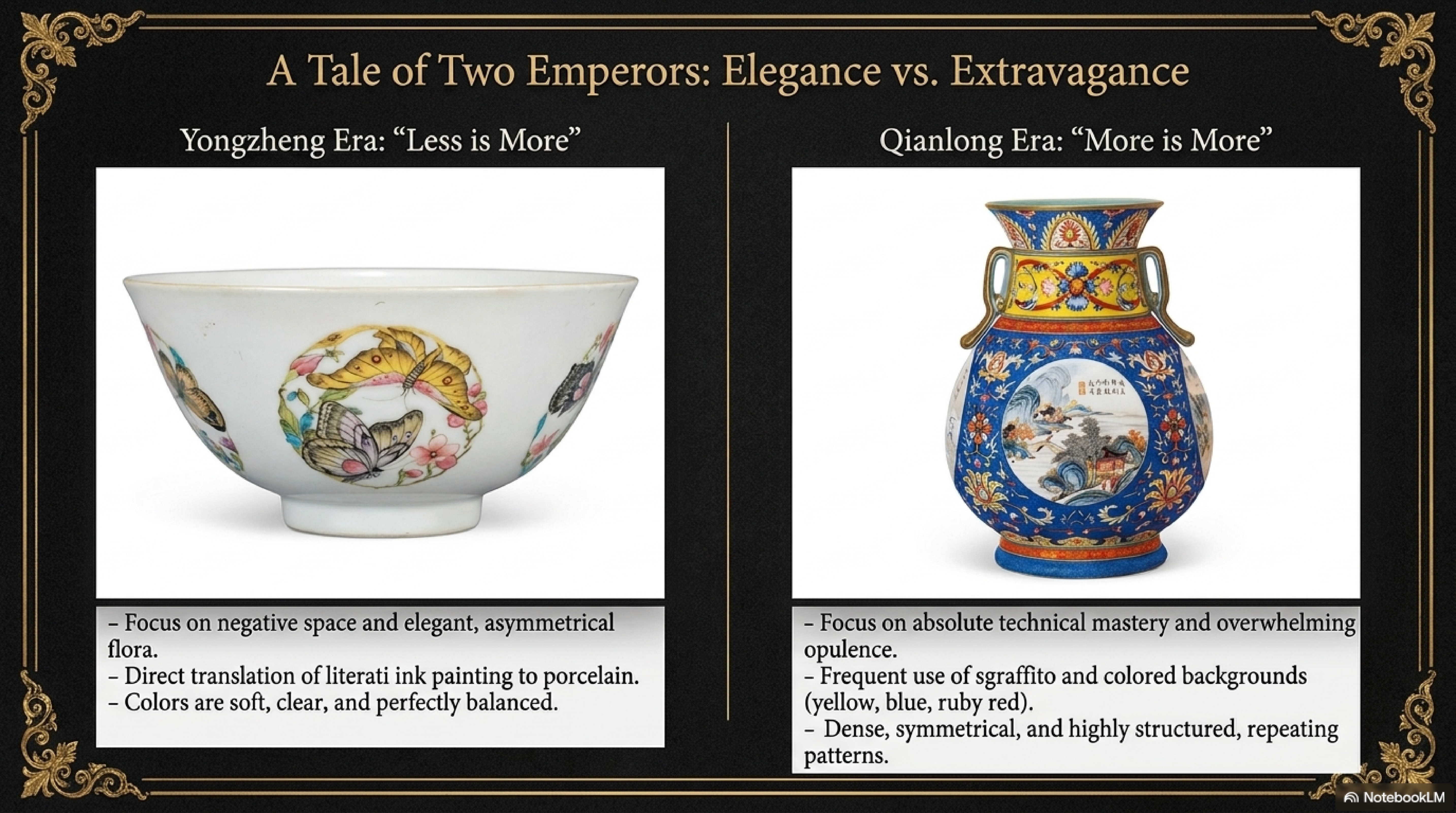 Period comparison — Yongzheng 'Less is More' bowl with sparse botanical decoration on white ground versus Qianlong 'More is More' vase with dense 轧道 sgraffito ground and medallion ornament