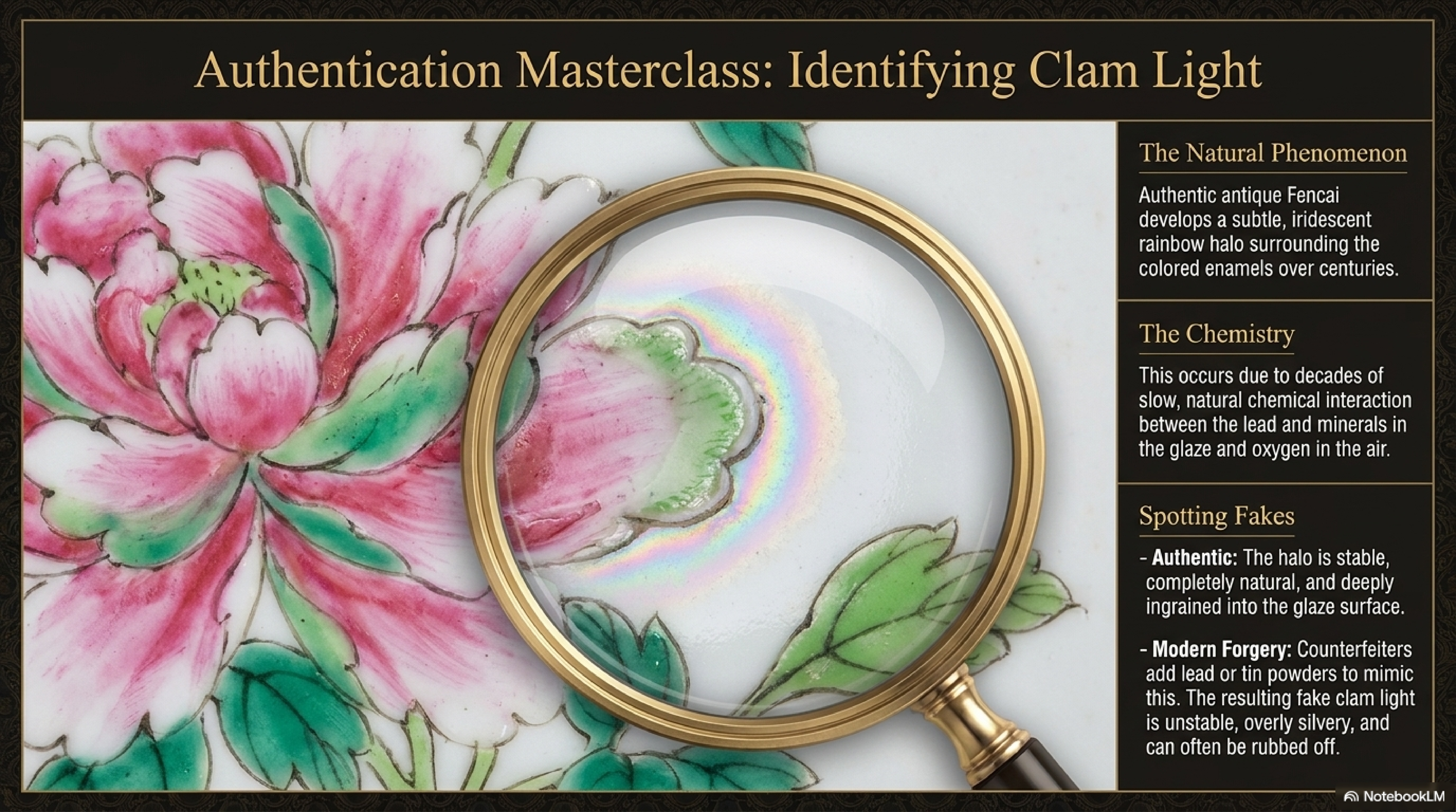 Authentication — 蛤蜊光 clam-light iridescence on Famille Rose plate viewed through magnifying glass, showing rainbow shimmer on aged overglaze enamel
