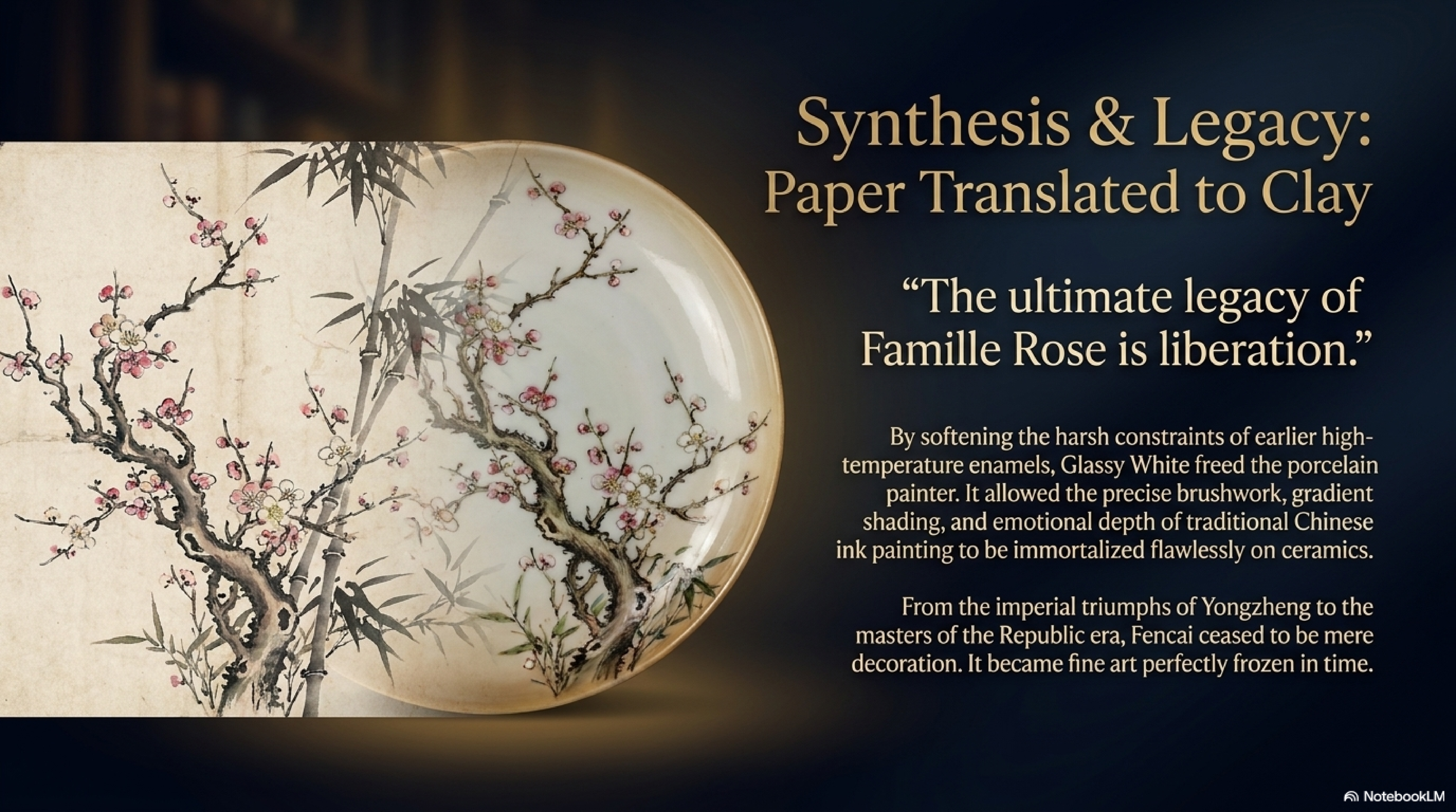 Famille Rose legacy — ink-painting style plate with bamboo and plum blossom in soft overglaze enamels, illustrating the 珠山八友 Republican-era synthesis of Chinese literati painting and ceramic decoration