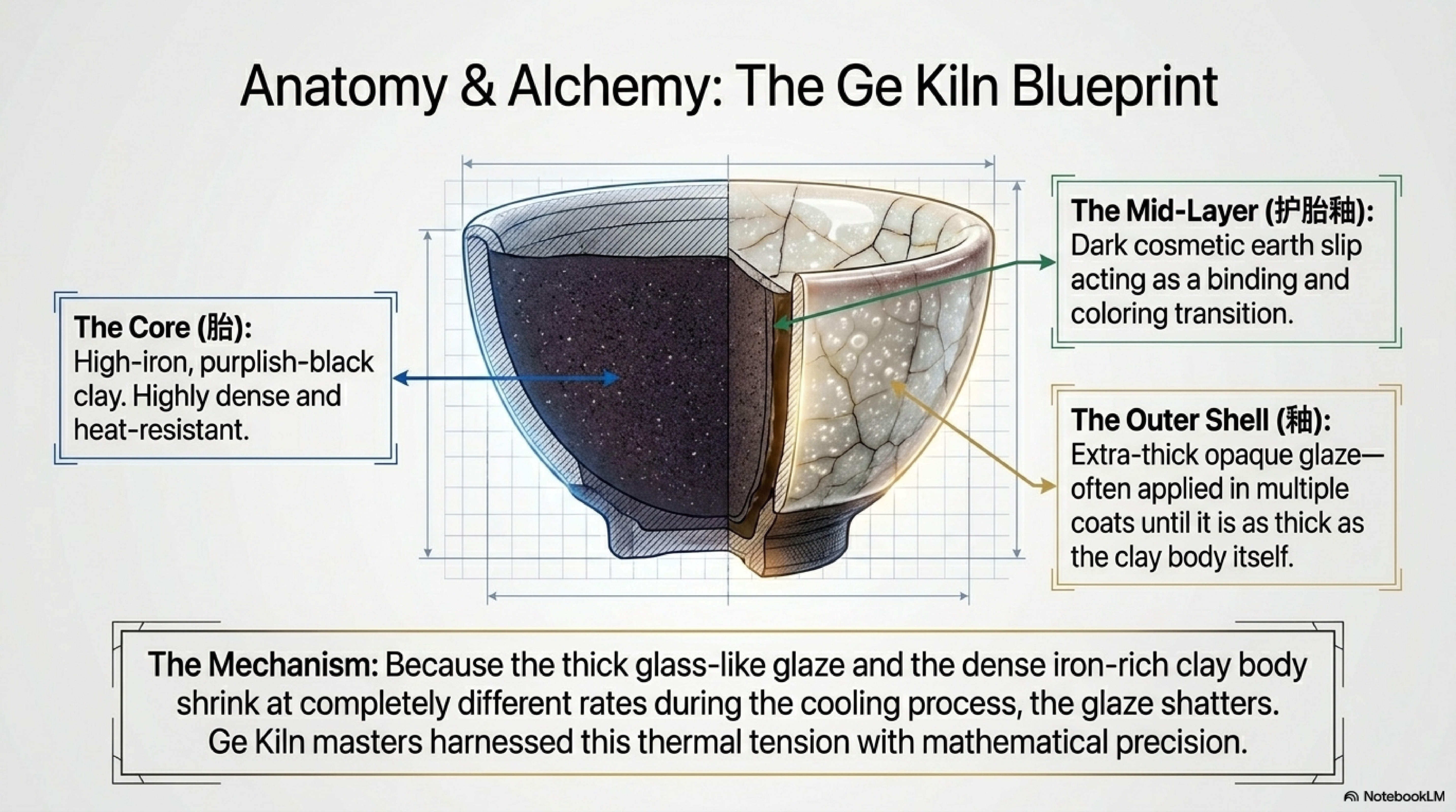 Cross-section diagram of Ge Kiln bowl showing three-layer structure: Core (胎), Mid-Layer (护胎釉), and Outer Shell (釉)