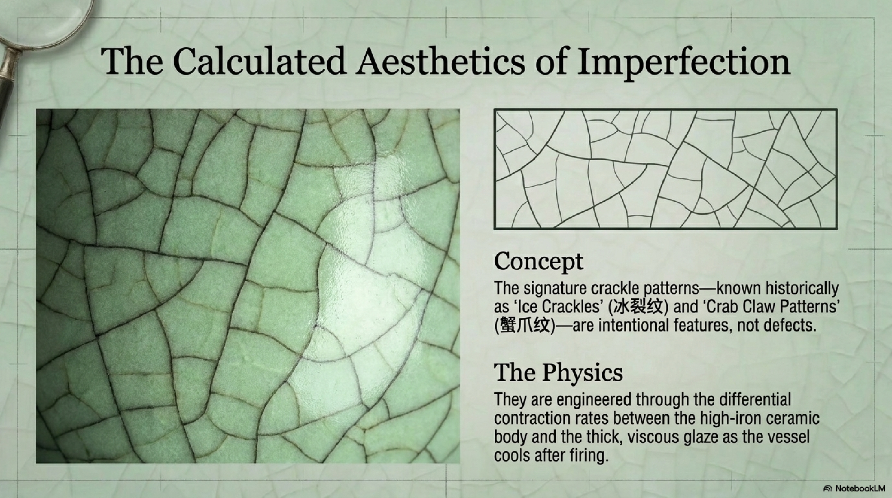 Ice crackle (冰裂纹) close-up on Song Guan ware celadon glaze — the physics of differential thermal contraction