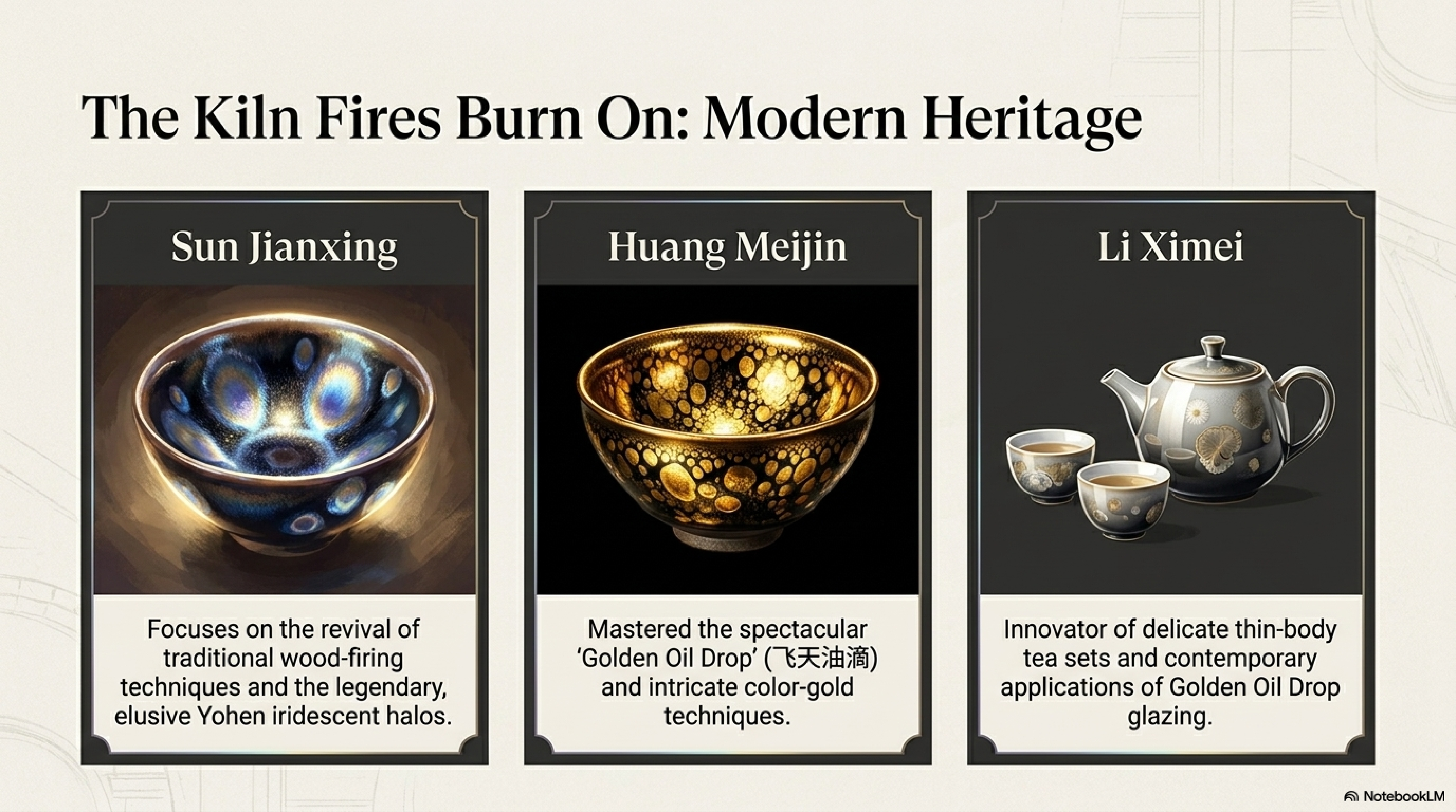 Japanese Tenmoku reverence — the three surviving Song Yohen (曜変) bowls in Japanese collections, all designated National Treasures (国宝)