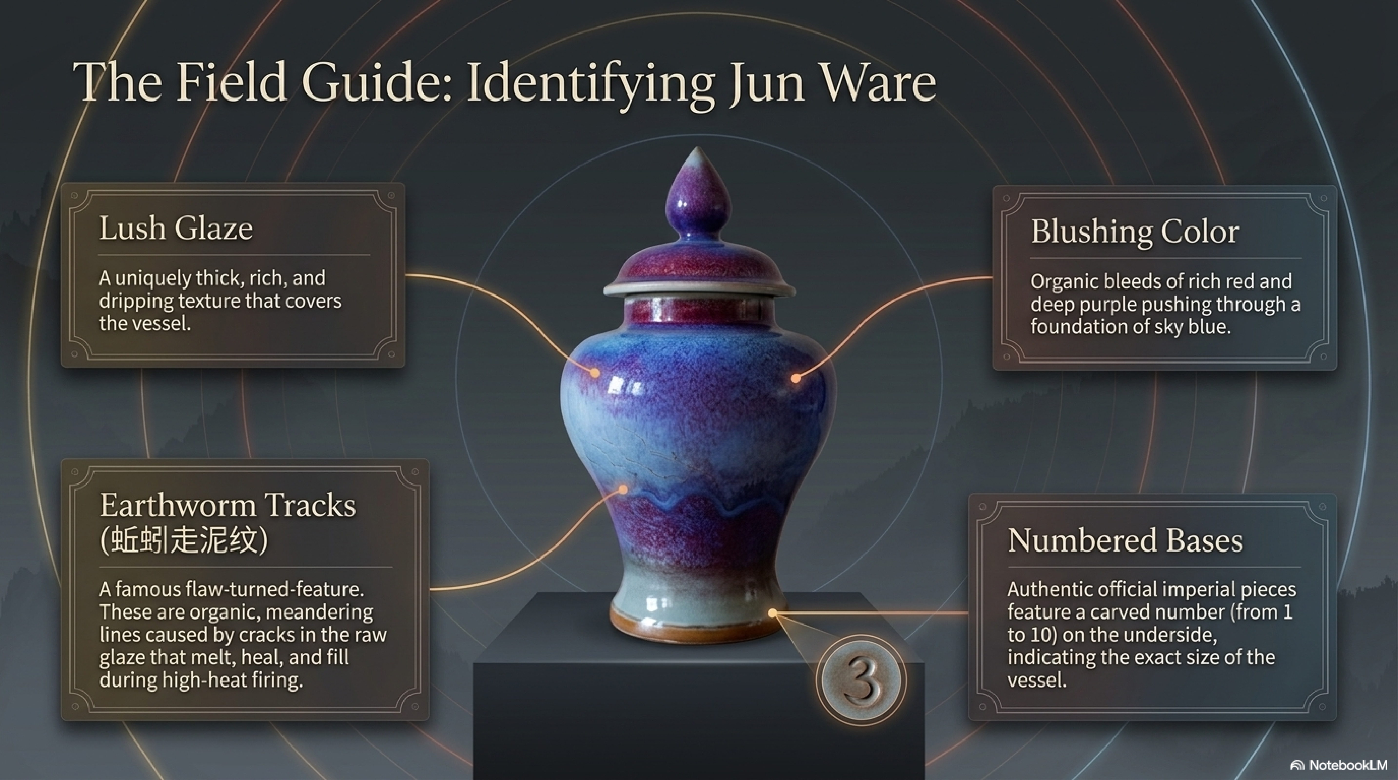 Annotated Jun ware identification guide — earthworm tracks, pinholes, numbered base