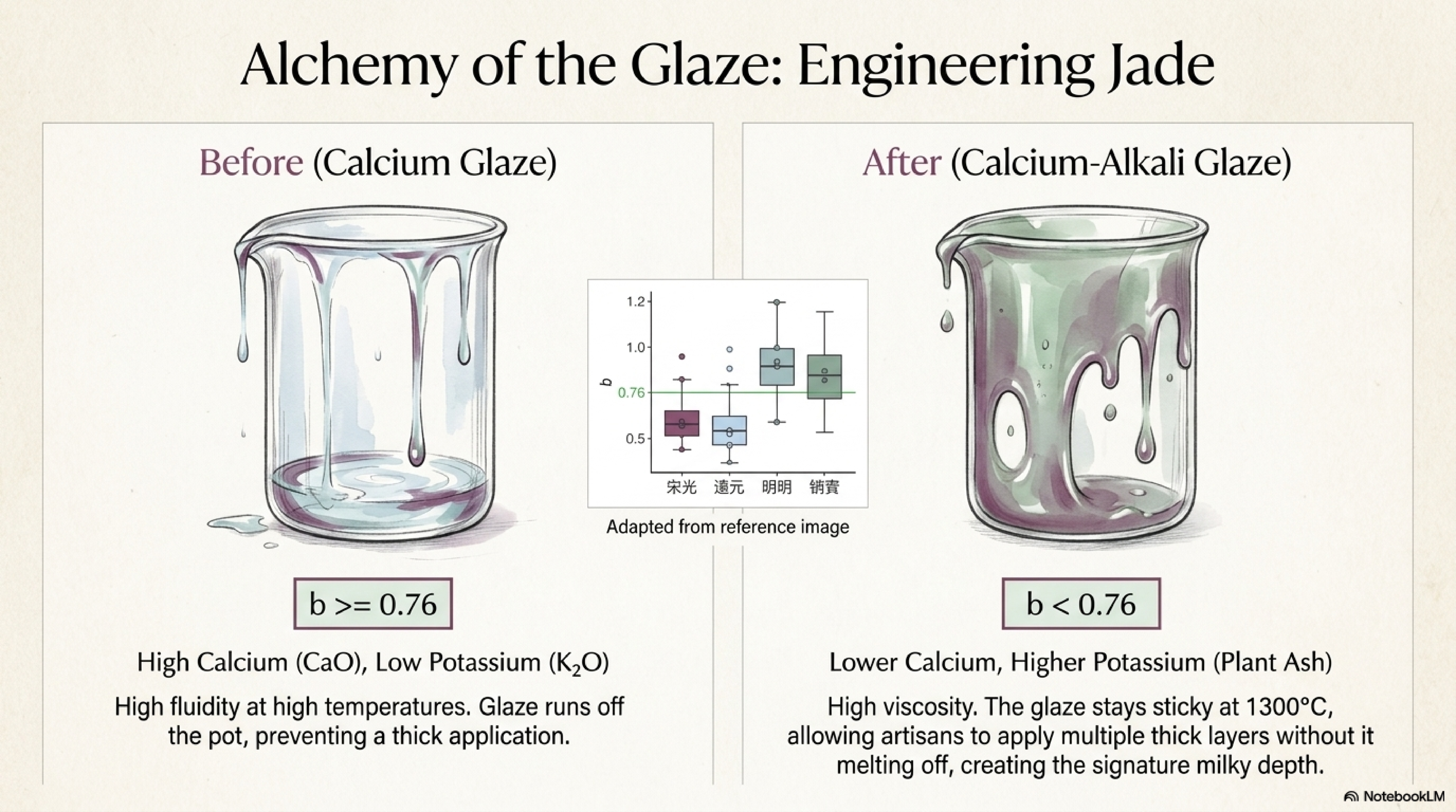 Glaze chemistry comparison — Early calcium glaze versus Southern Song calcium-alkali glaze
