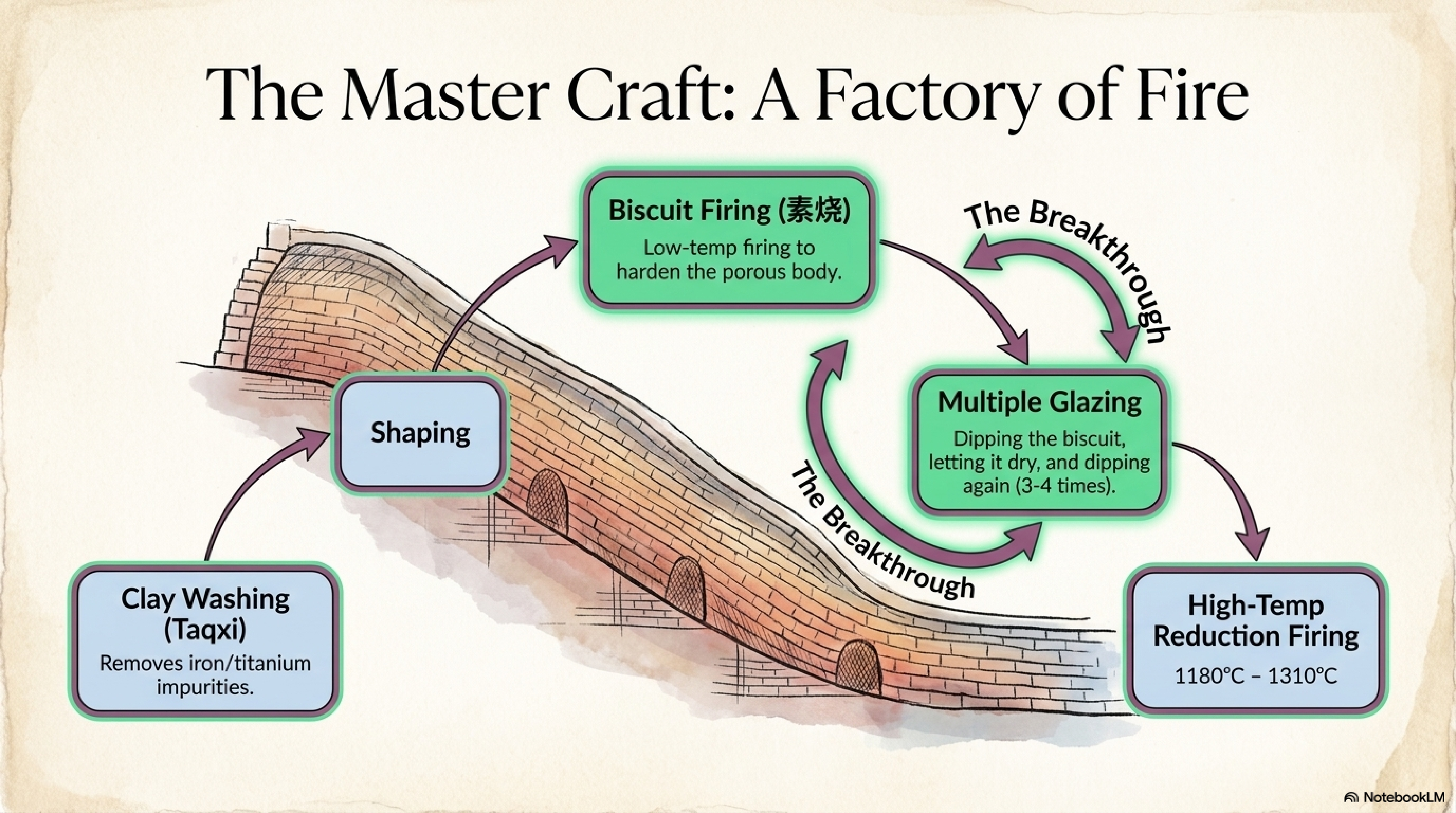 Longquan production cycle — shaping, clay washing, biscuit firing, multiple glazing, and high-temperature reduction firing