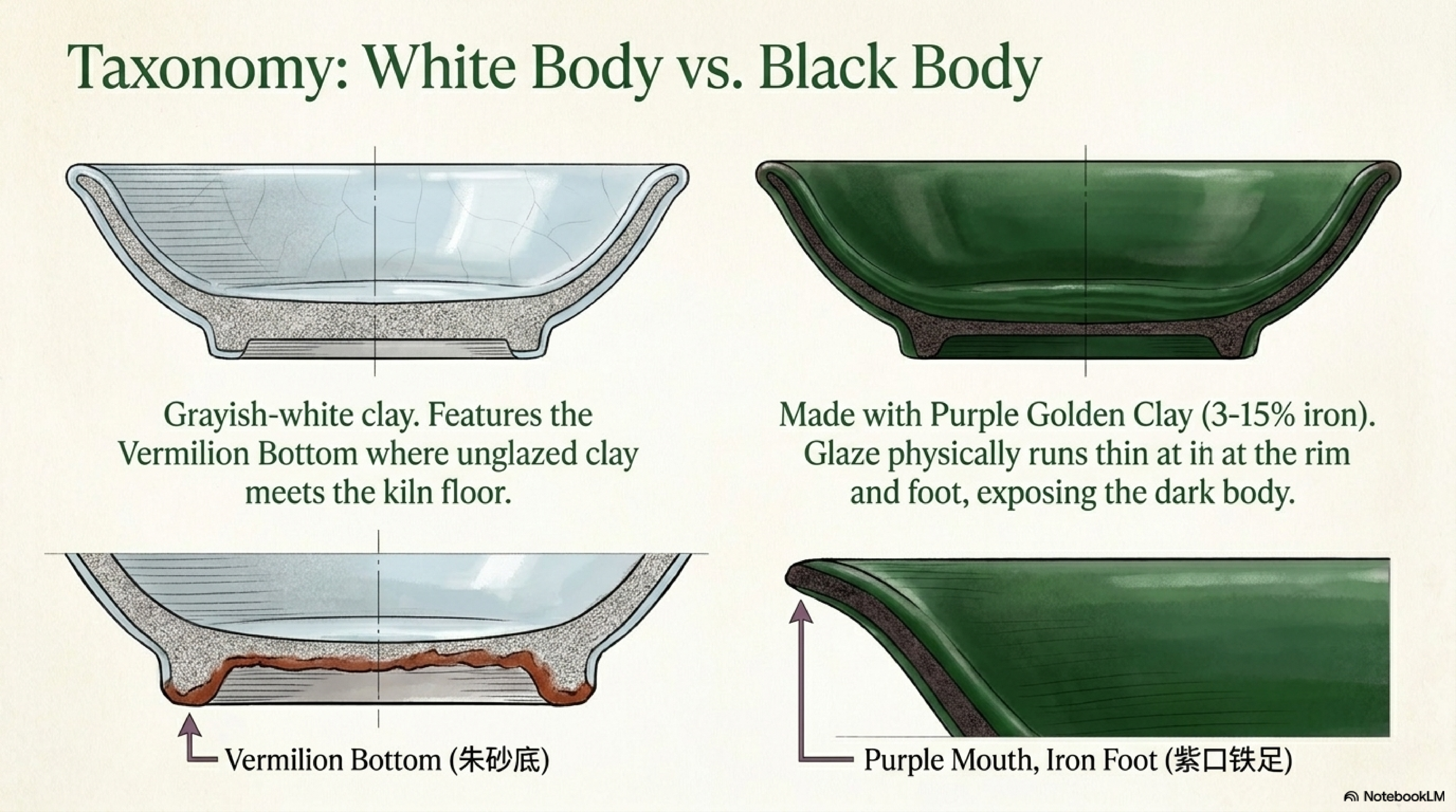 Taxonomy of Longquan body types — white body with Vermilion Bottom versus black body with Purple Mouth and Iron Foot