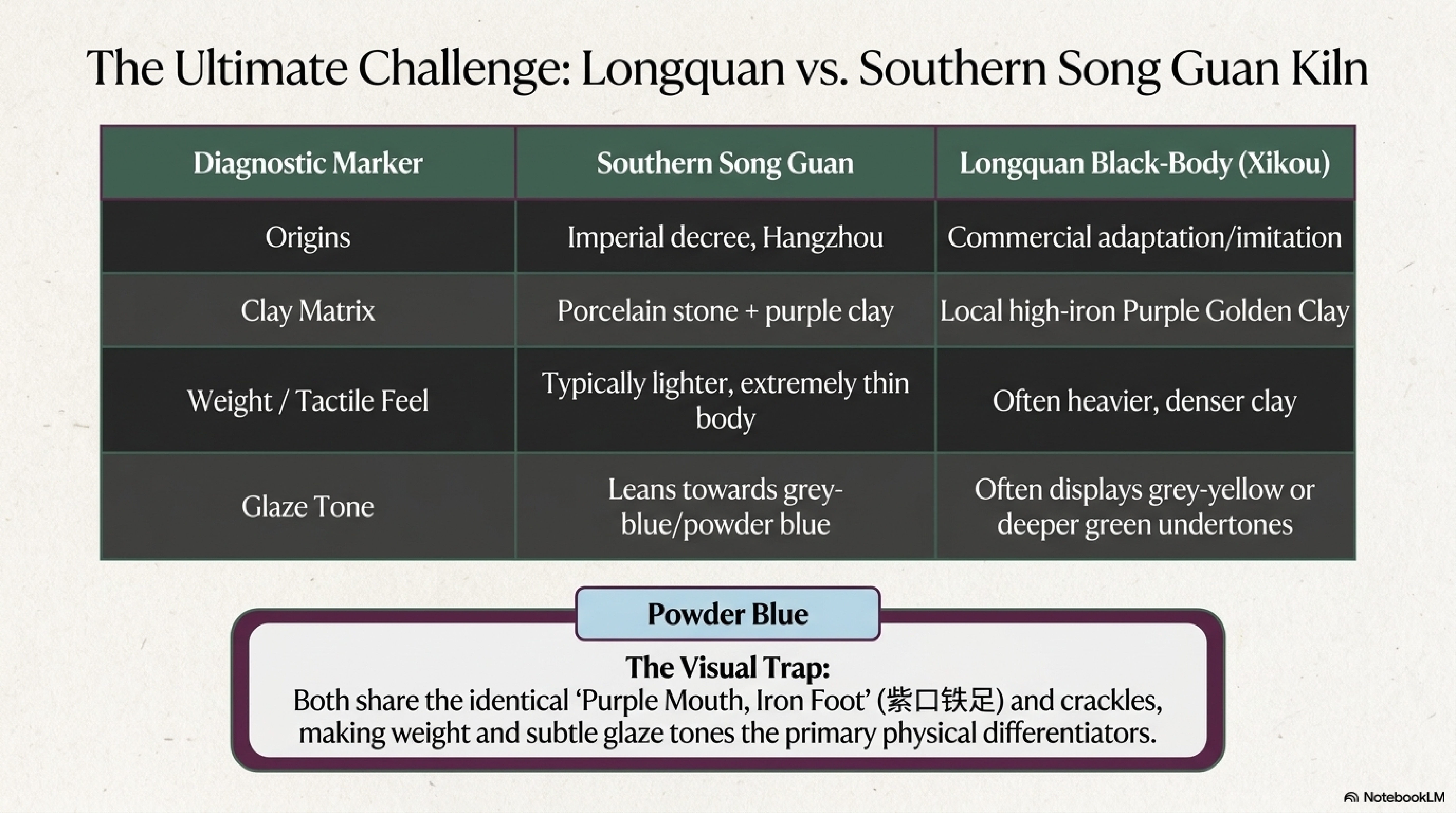 Longquan black-body (Xikou) versus Southern Song Guan ware comparison