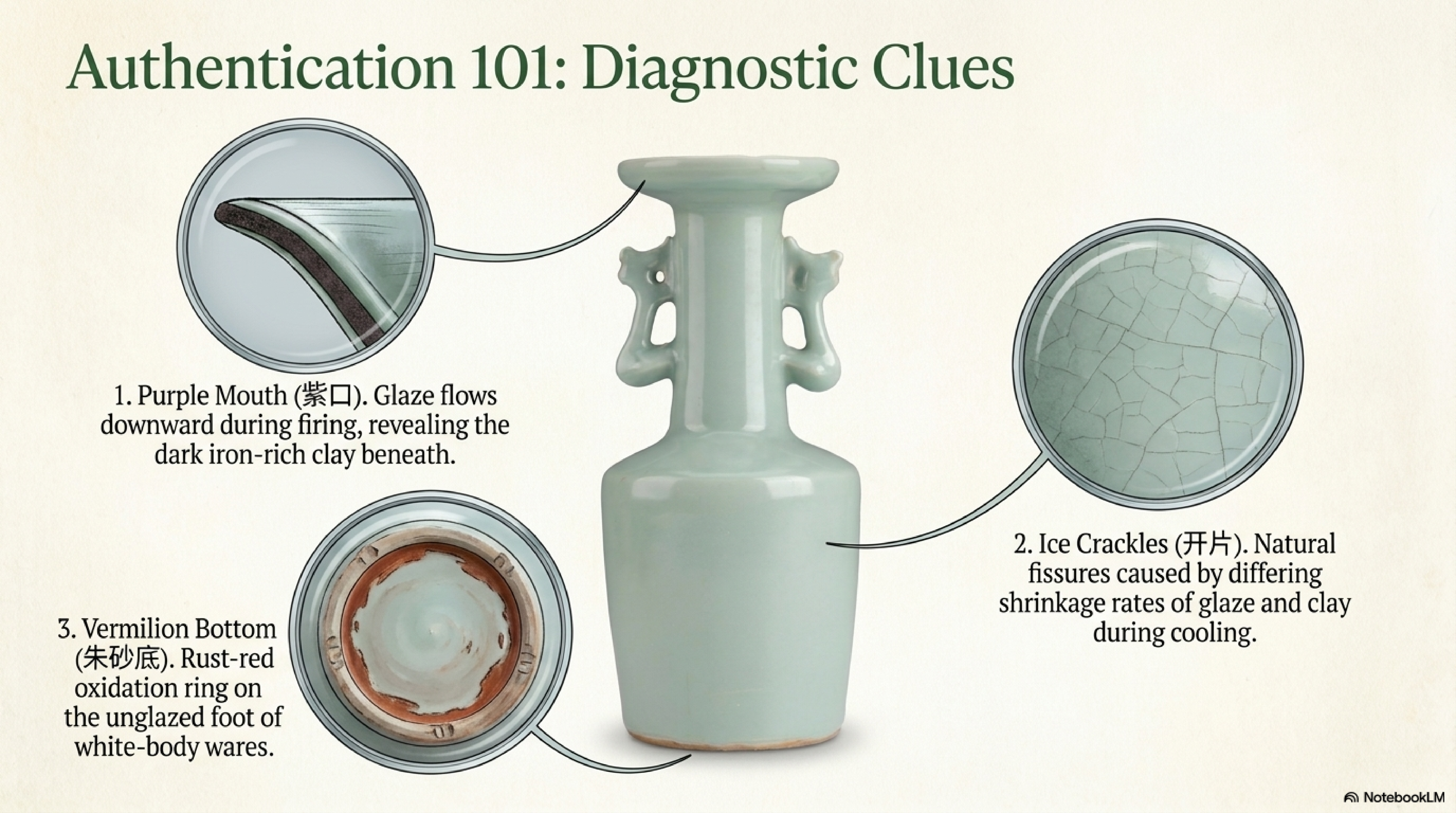 Authentication diagnostic clues on a Longquan vase — Purple Mouth, Ice Crackles, and Vermilion Bottom