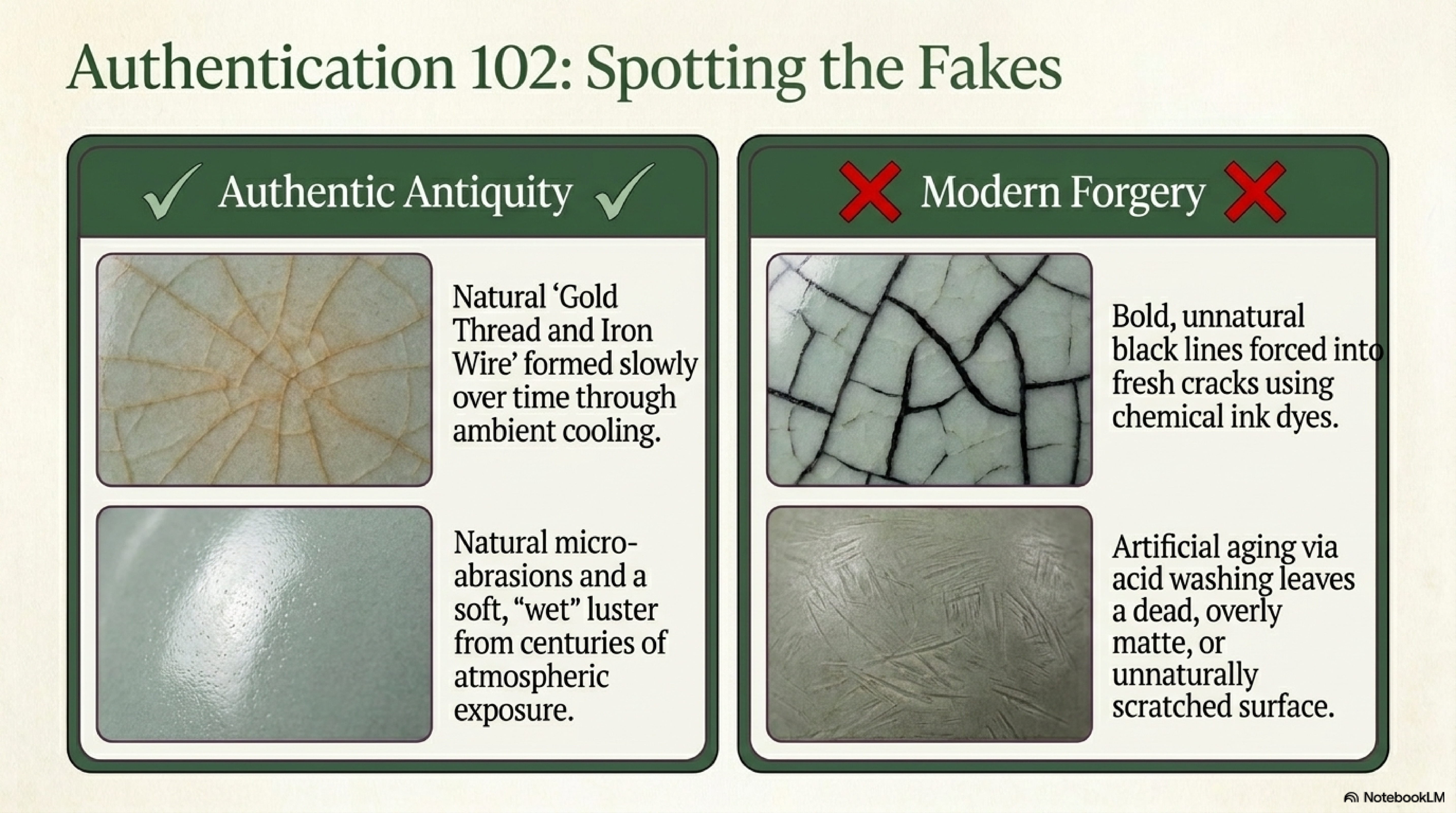 Spotting Longquan fakes — authentic natural crackle versus modern forgery with chemical ink dyes