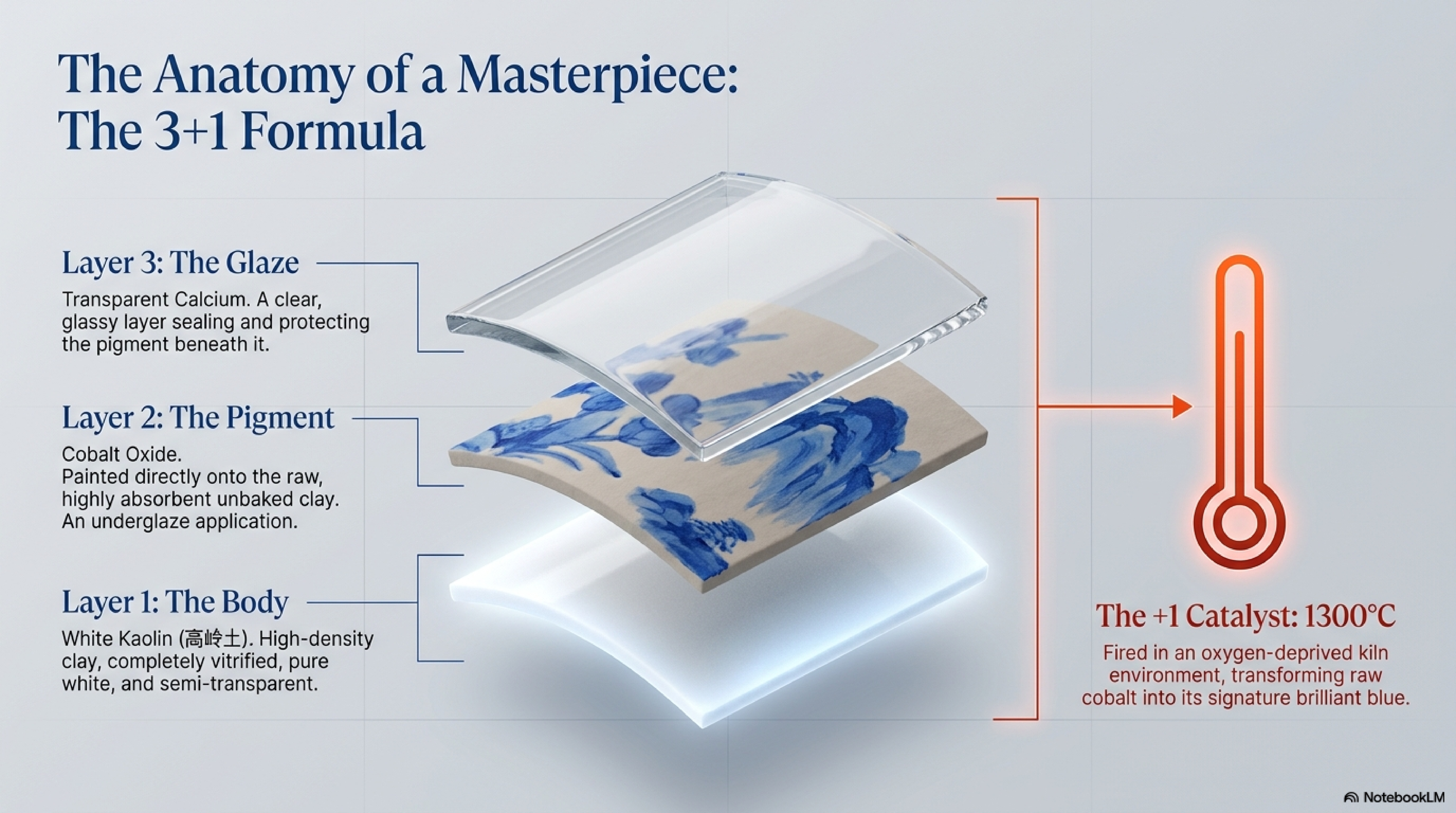 The 3+1 formula — exploded layer diagram showing pure white porcelain body, cobalt underglaze pigment, transparent high-fire glaze, and 1300°C reduction firing atmosphere