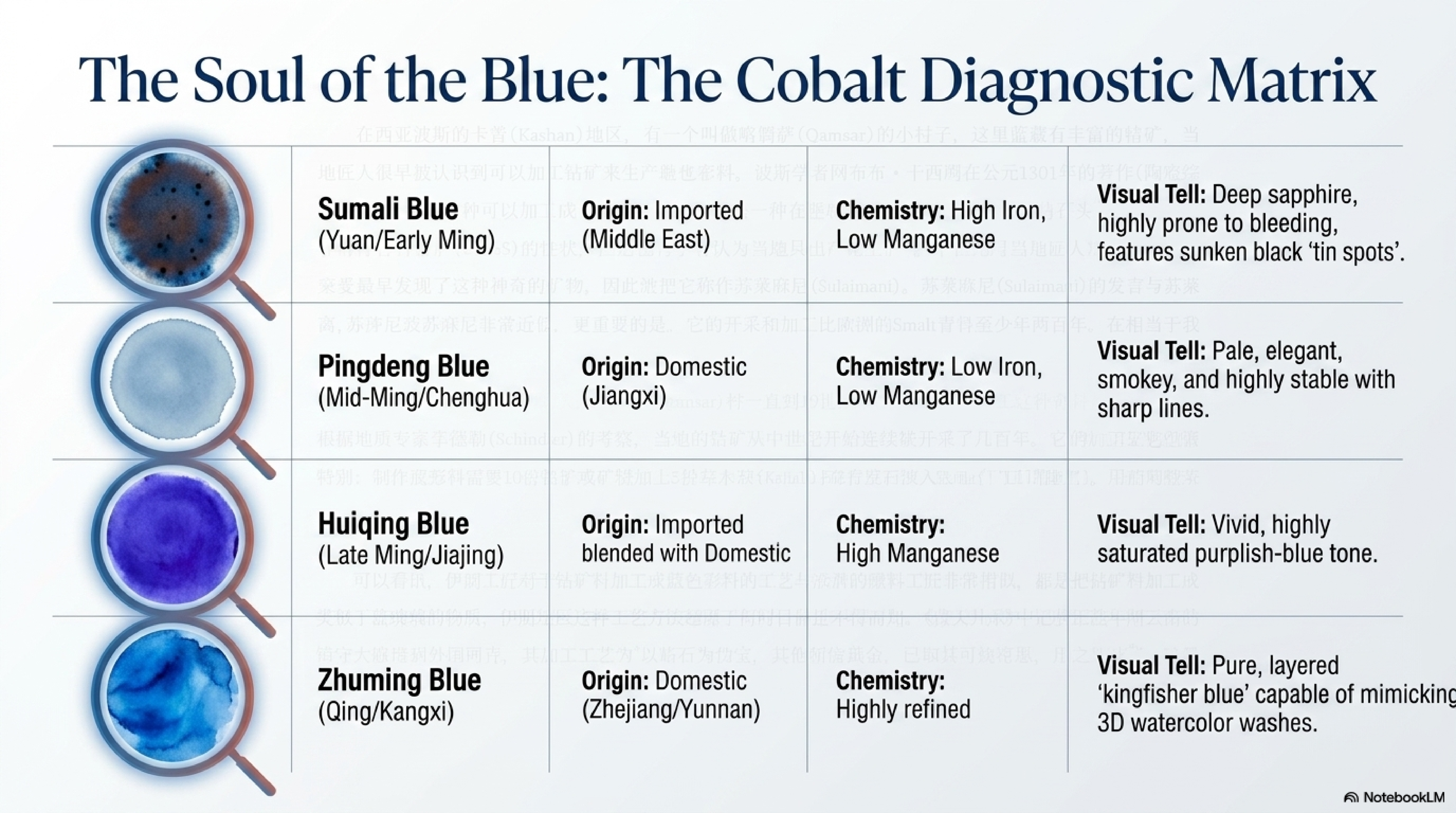 Cobalt diagnostic matrix — 苏麻离青 deep blue with iron rust spots, 平等青 pale even elegant, 回青 blue-purple vivid, 浙料/珠明料 bright clear multi-tonal gradient