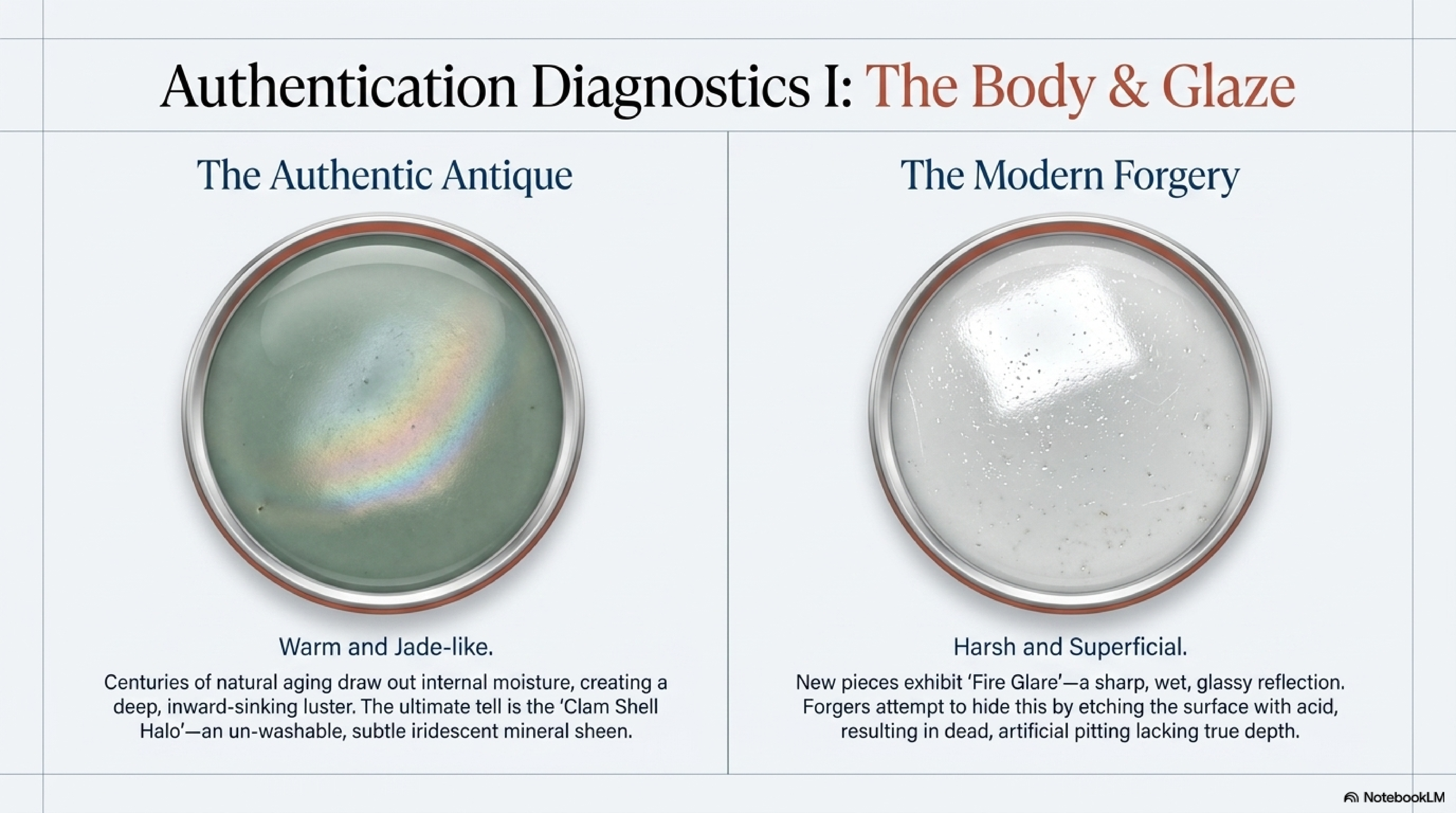 Body and glaze authentication — genuine jade-warm glaze surface with 蛤蜊光 iridescence versus modern fire-flash glare and acid-washed deadness