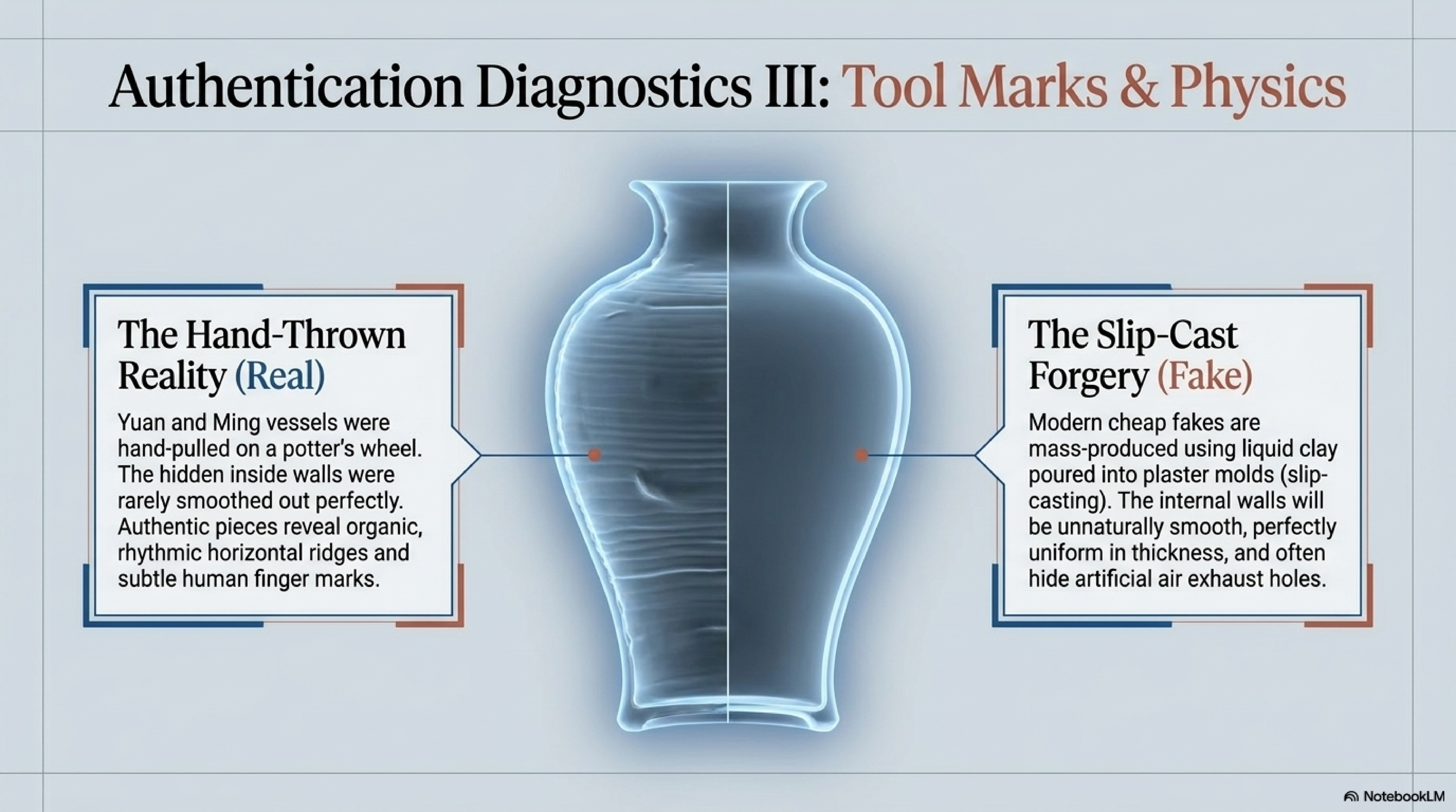 Tool marks and construction physics — hand-thrown spiral interior marks and joining seam (接痕) versus slip-cast uniform smooth interior and vertical mould-parting lines