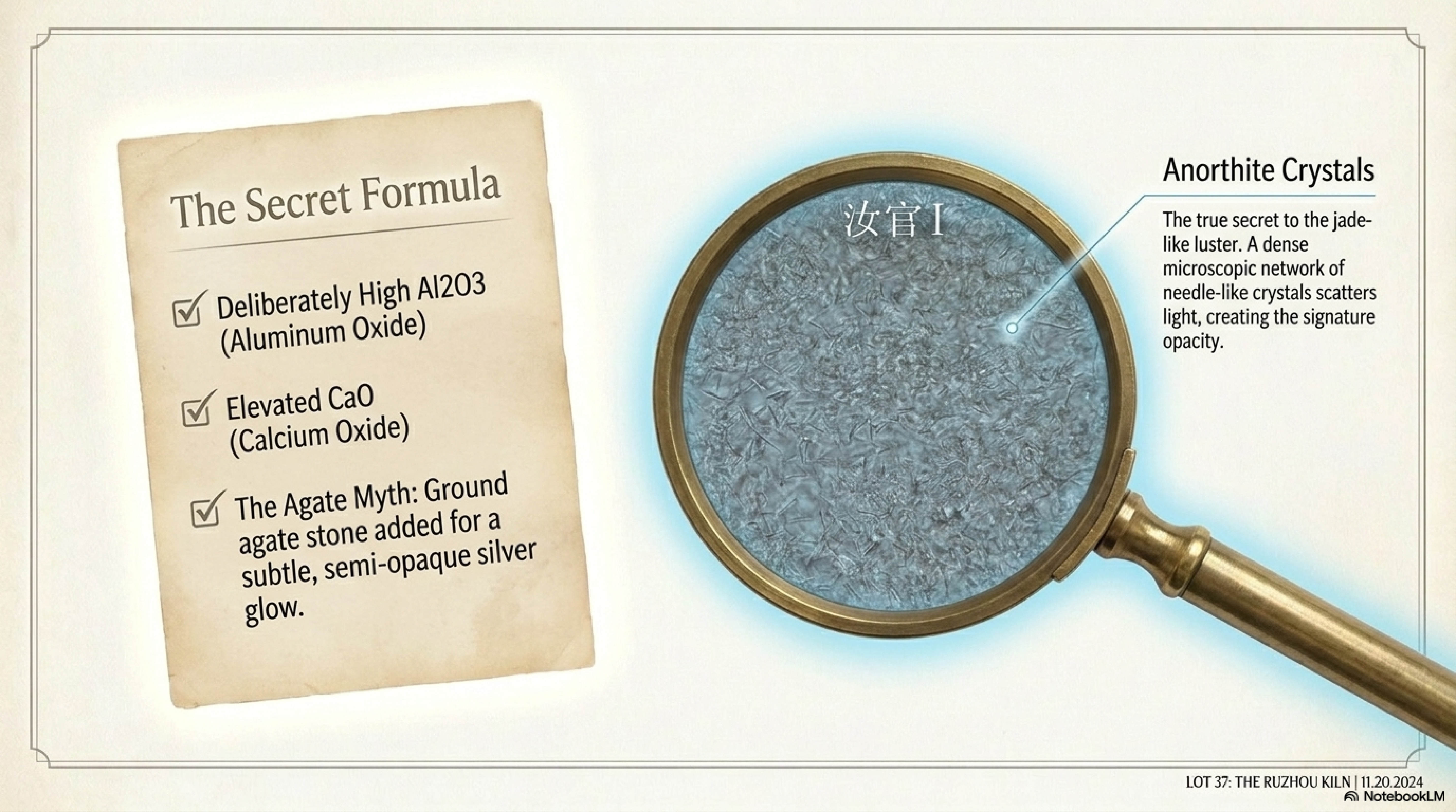 The Secret Formula — high Al2O3, CaO, ground agate, and the anorthite crystal network under magnification