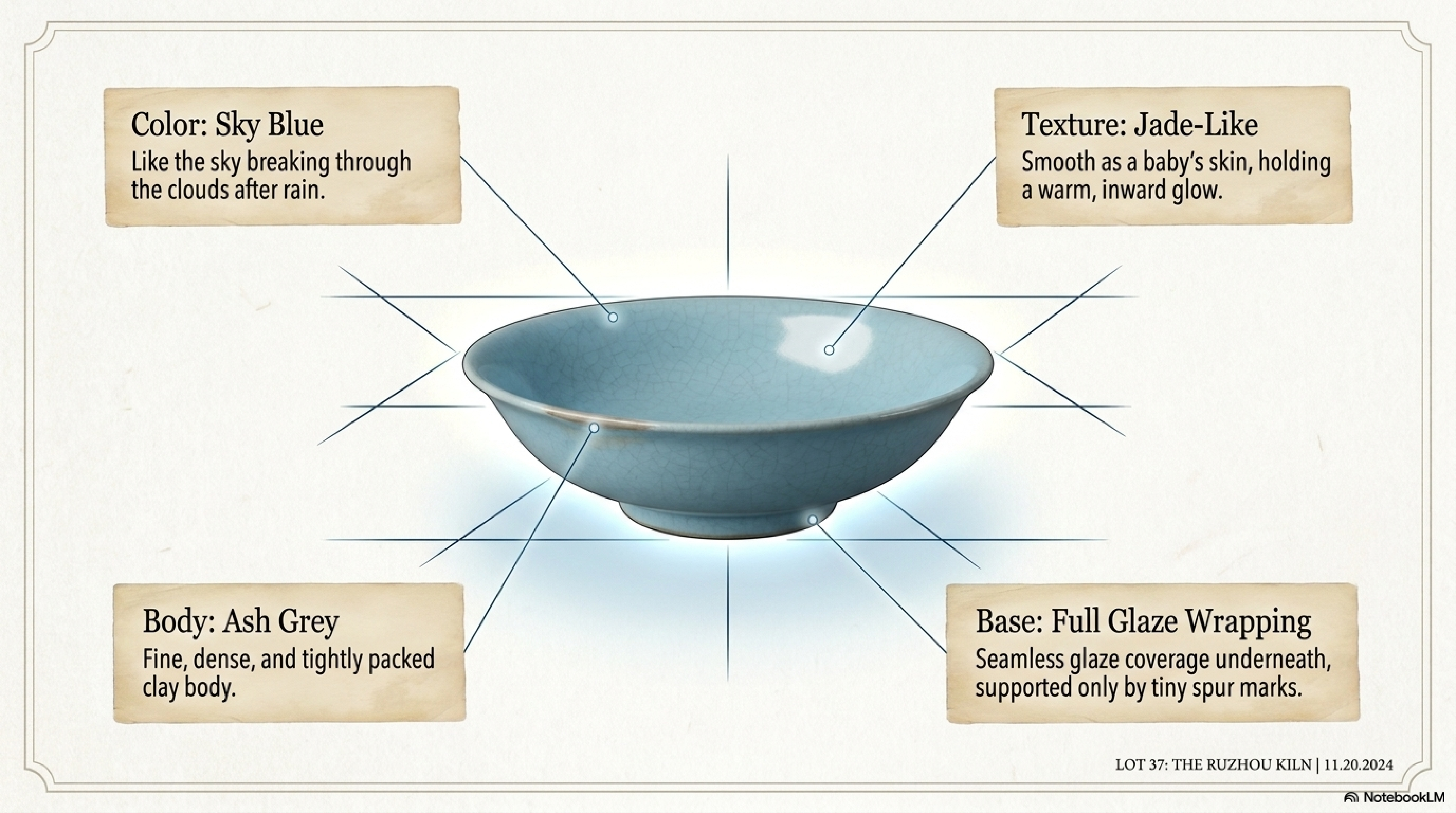 The four visual signatures of Official Ru ware — sky blue, jade-like texture, ash-grey body, and full glaze wrapping with sesame spurs