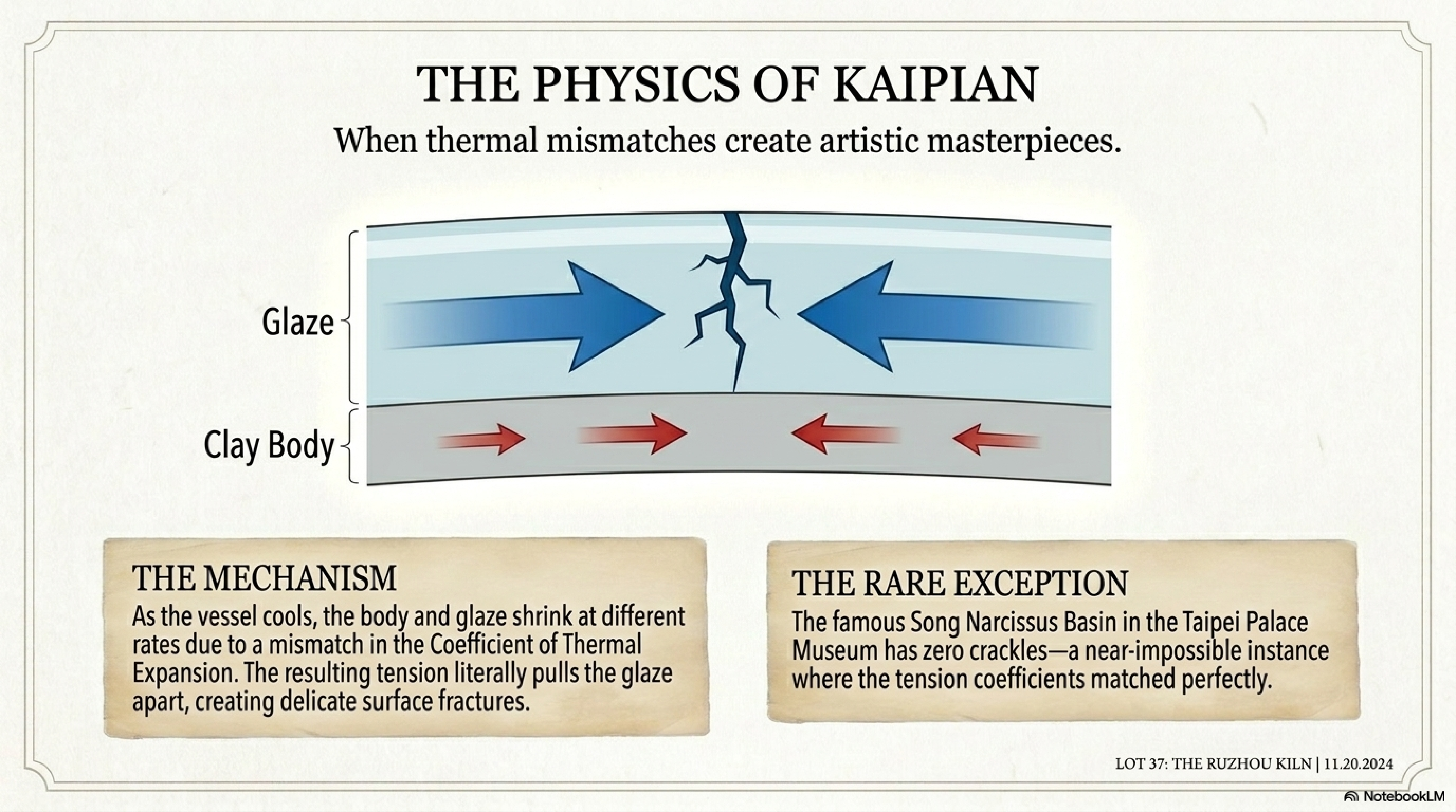 The Physics of Kaipian — thermal expansion mismatch between glaze and clay body, with the Song Narcissus Basin zero-crackle exception