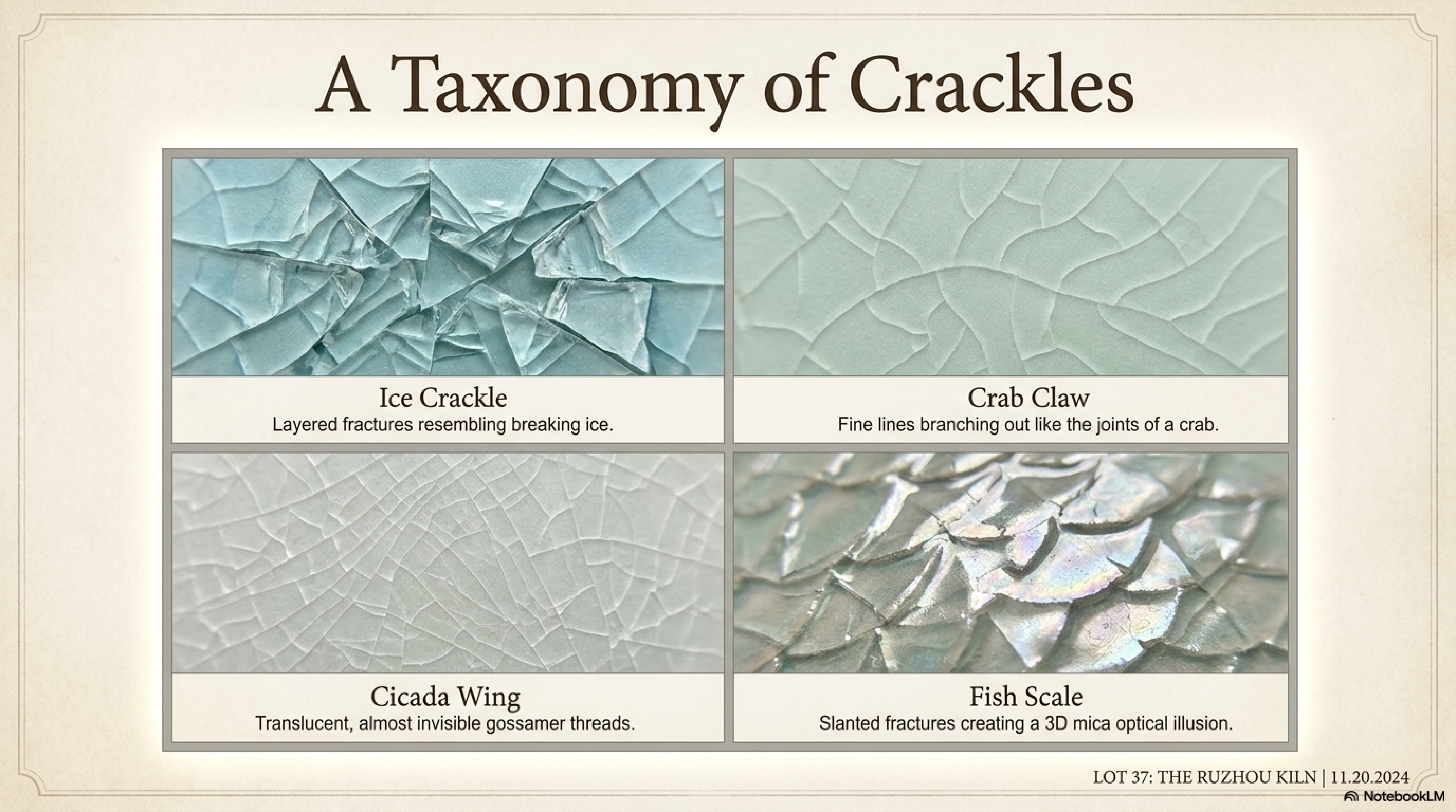 Taxonomy of Ru ware crackles — Ice Crackle, Crab Claw, Cicada Wing, Fish Scale — four types with actual glaze photographs