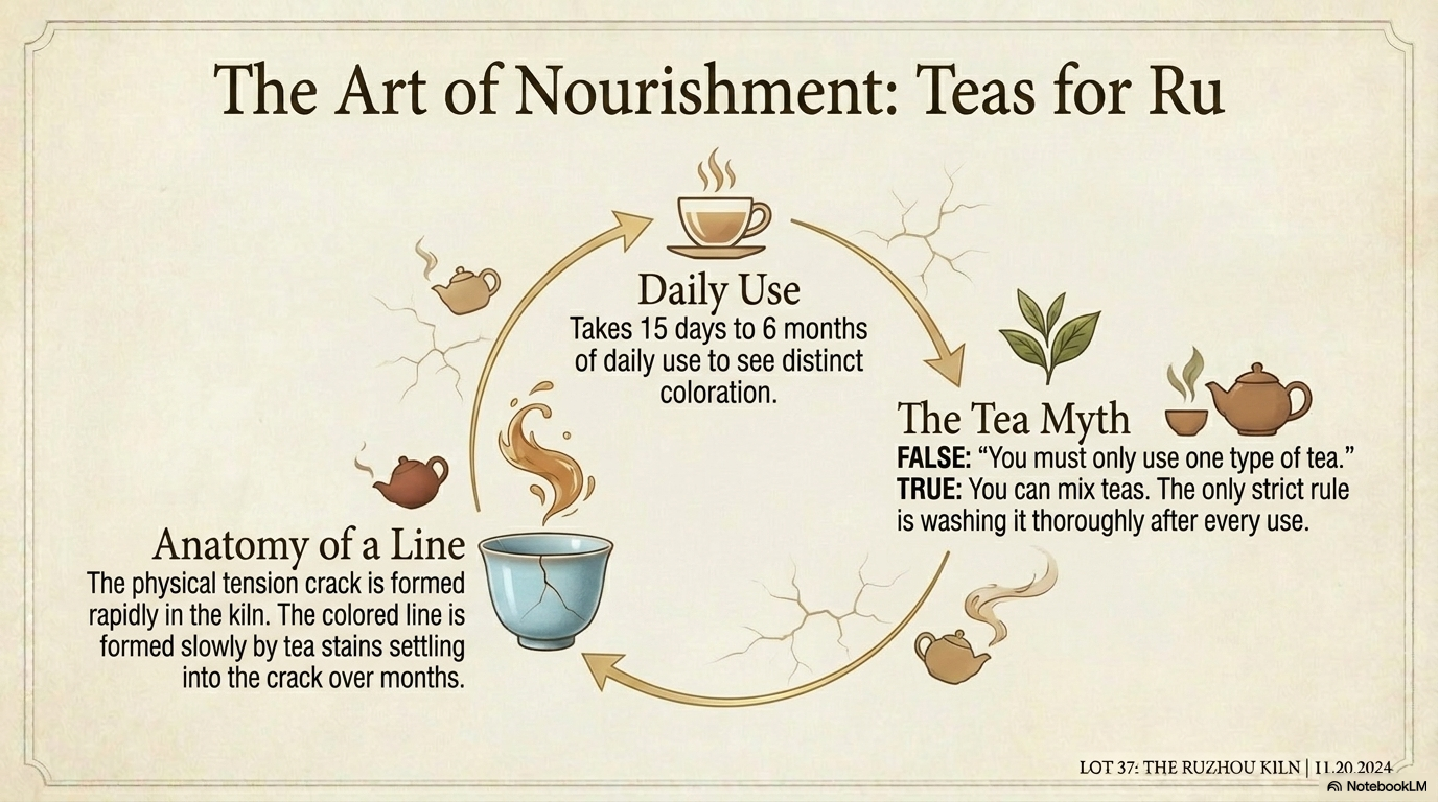 The Art of Nourishment — daily tea use cycle, anatomy of a crackle line, and the tea myth corrected
