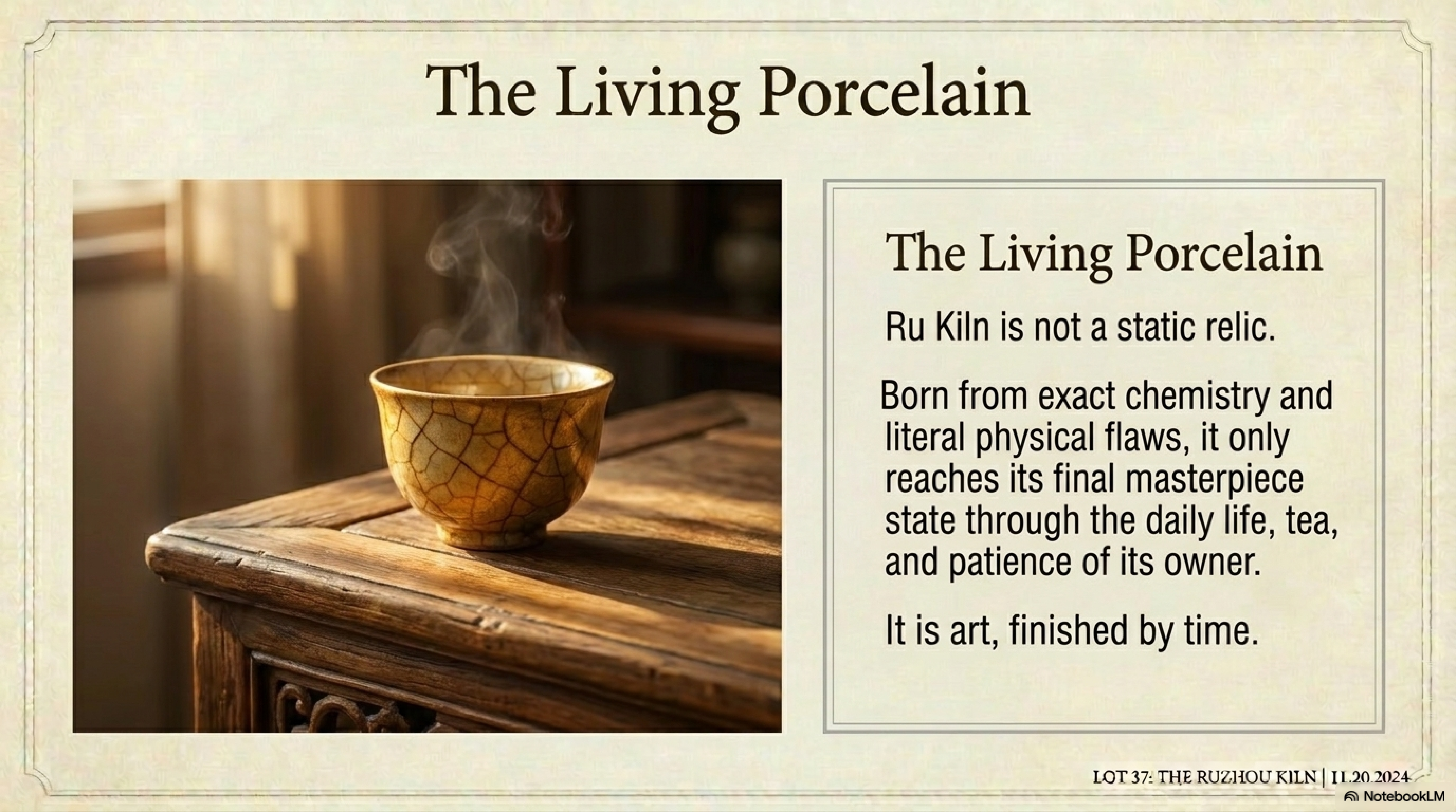 The Living Porcelain — a Ru ware teacup in daily use, steam rising, crackle lines glowing gold