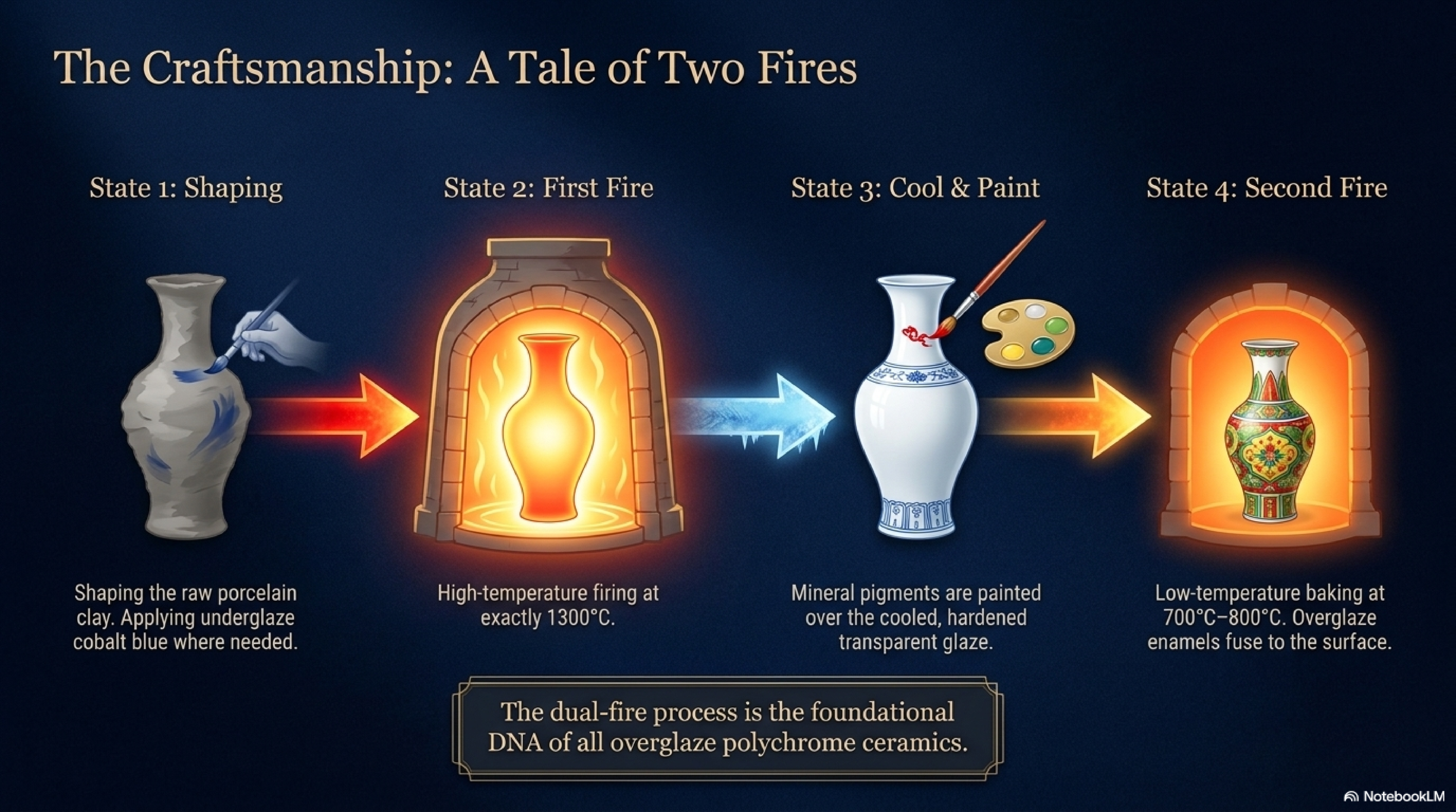 The Craftsmanship — A Tale of Two Fires: 4-stage diagram of Wucai production showing clay shaping with underglaze cobalt application, high-temperature first firing at 1300°C, cooling and painting mineral pigments over hardened glaze, and low-temperature second firing at 700–800°C where overglaze enamels fuse to the surface