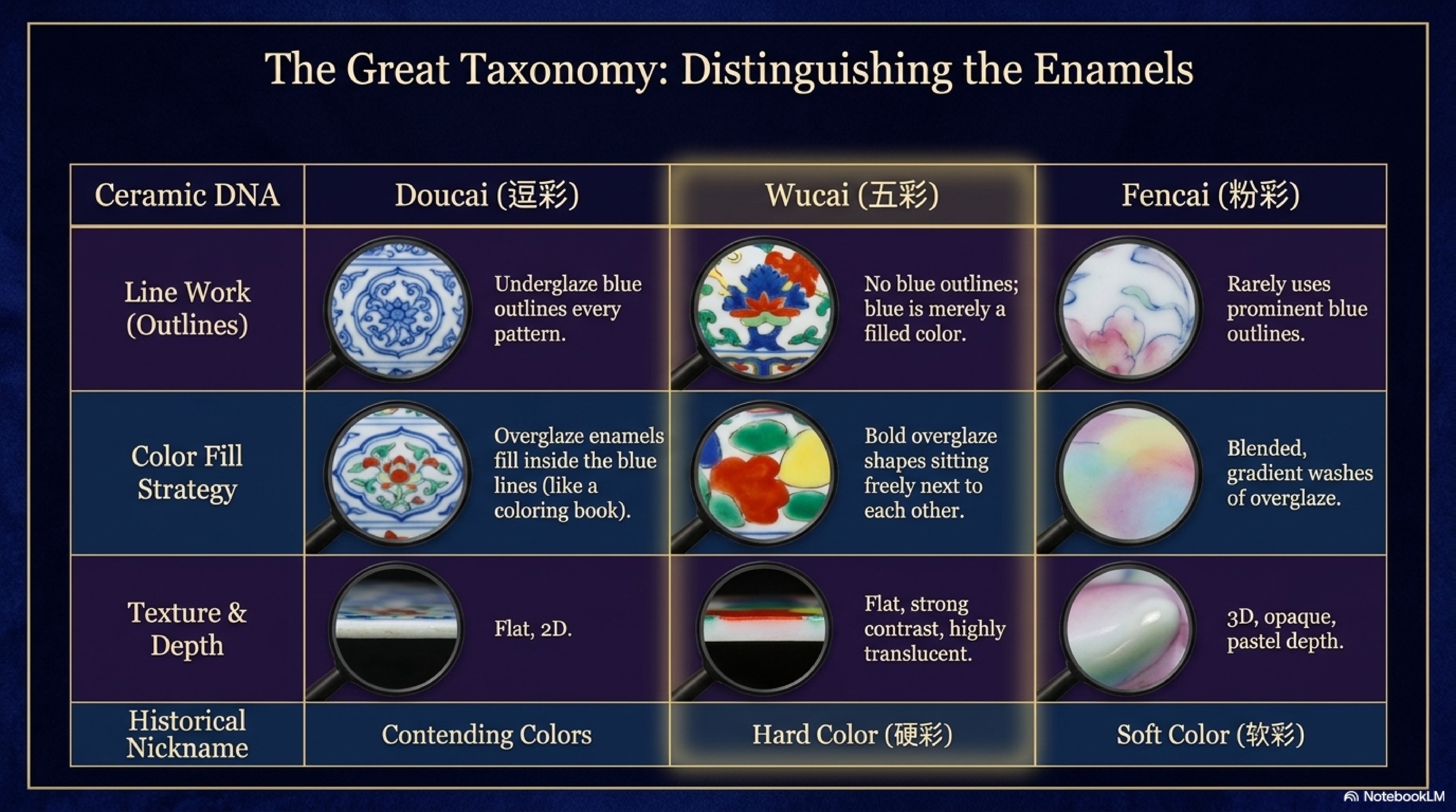 The Great Taxonomy — Distinguishing the Three Great Overglaze Traditions: comparison table of Doucai (逗彩), Wucai (五彩), and Fencai (粉彩) across Line Work, Colour Fill Strategy, Texture and Depth, and Historical Nickname (Contending Colors / Hard Color 硬彩 / Soft Color 软彩)
