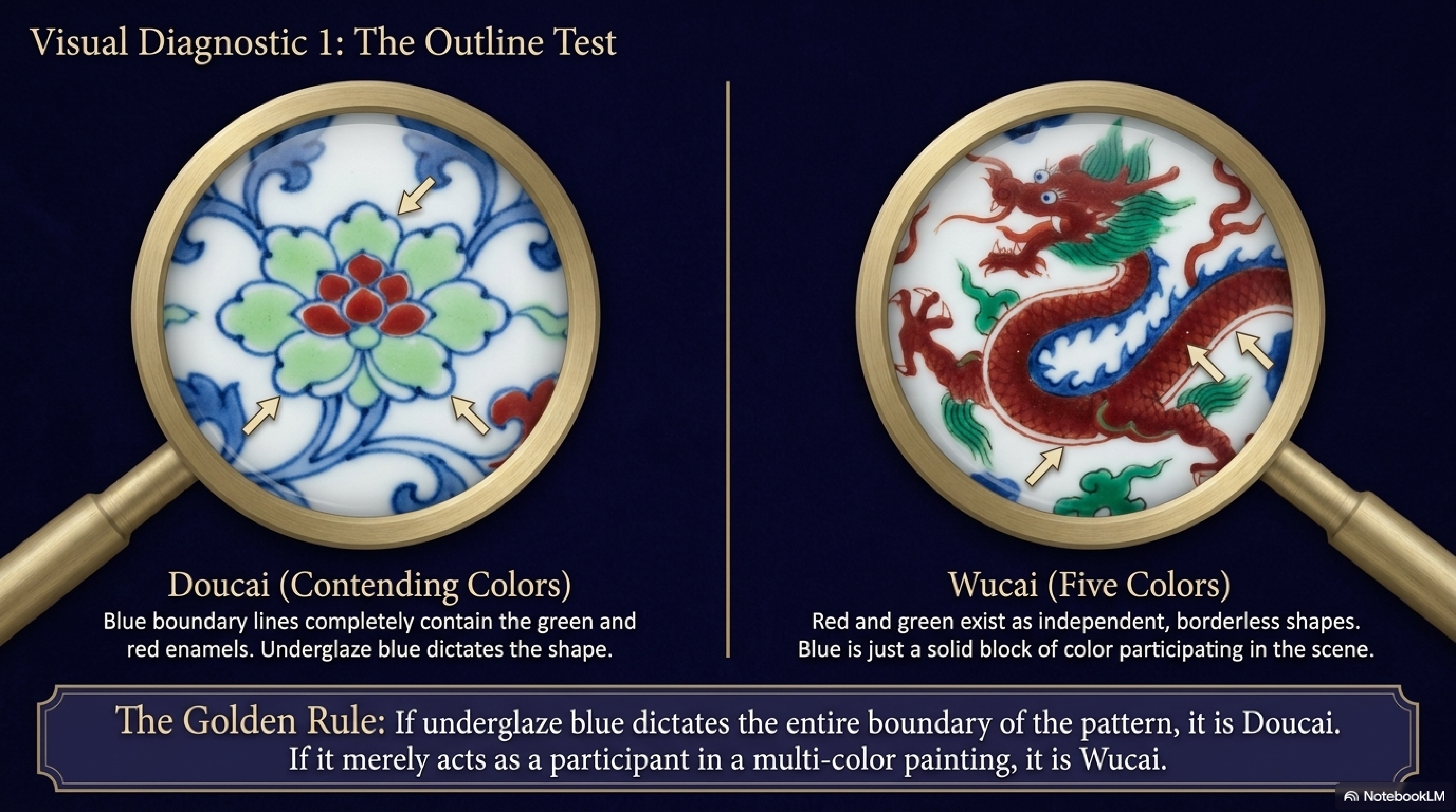 Visual Diagnostic — The Outline Test: magnifying glass comparison of Doucai (underglaze blue outlines completely contain green and red enamels, dictating every shape boundary) versus Wucai (red dragon and green cloud exist as independent borderless shapes, blue merely a solid colour participant)