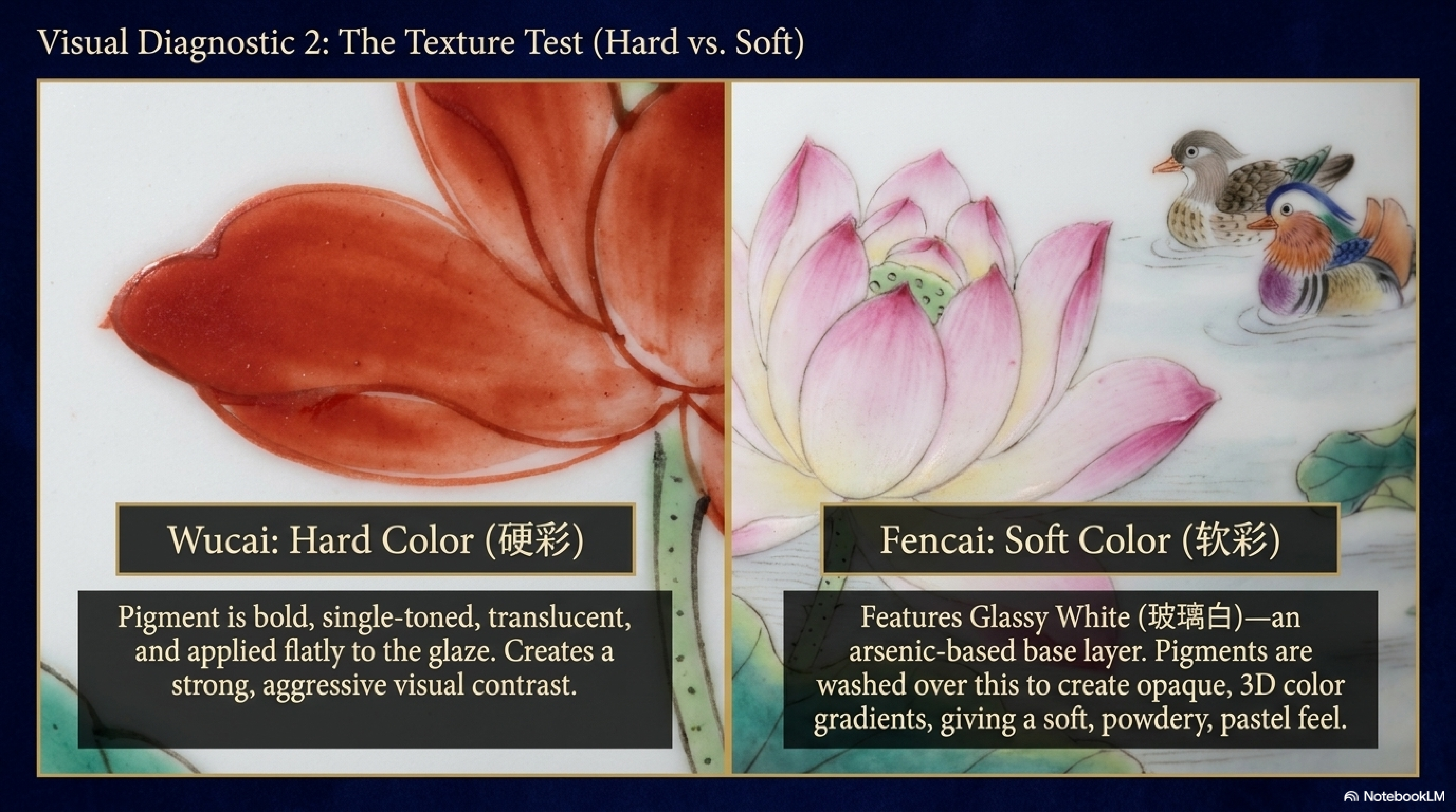 Visual Diagnostic — Hard Color vs Soft Color: Wucai lotus leaf (bold, single-toned, flat translucent red pigment creating strong aggressive visual contrast) contrasted with Fencai mandarin ducks (opaque 3D colour gradients washed over Glassy White base with soft powdery pastel depth)