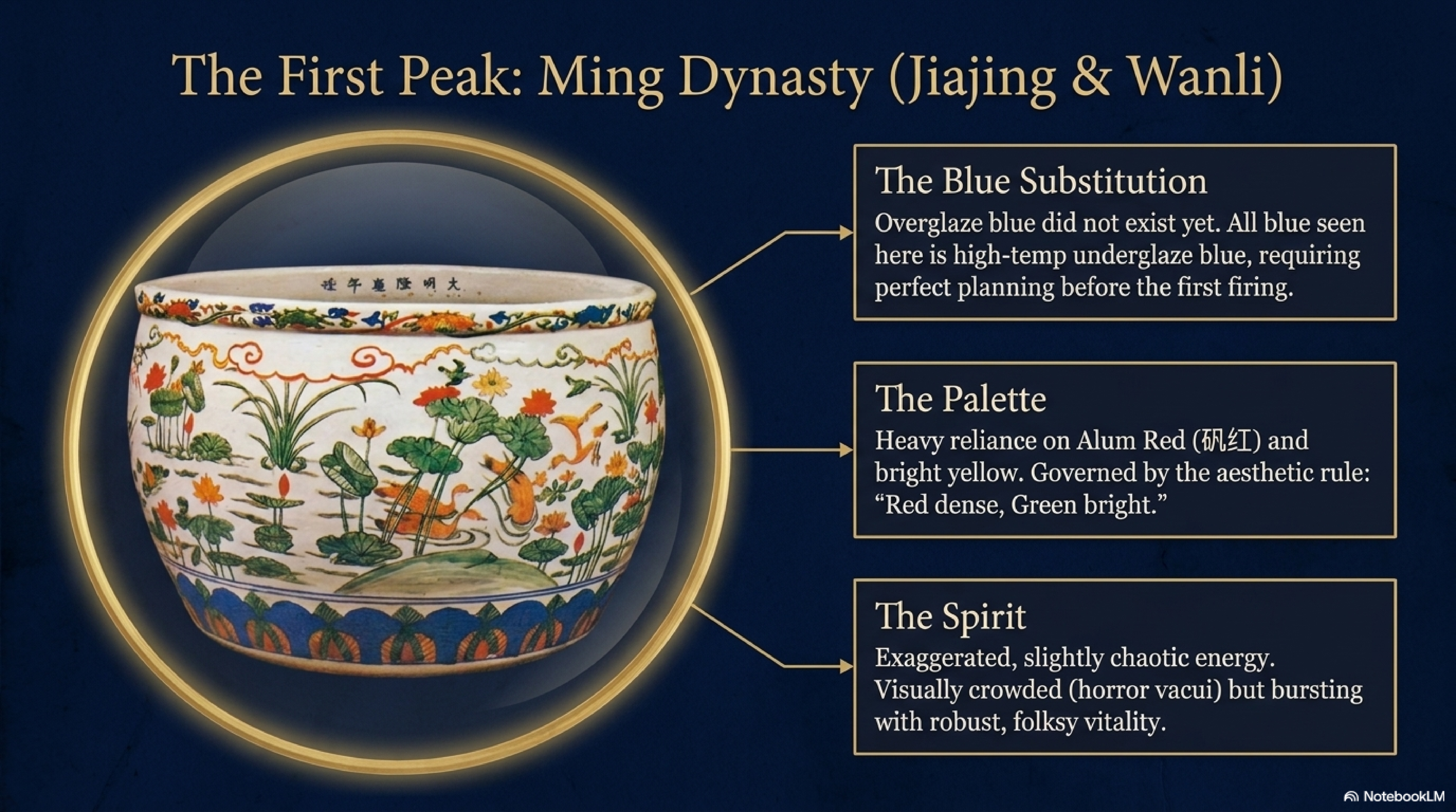 The First Peak: Ming Dynasty — large Jiajing/Wanli Wucai jar annotated with defining period characteristics: underglaze blue substitution (no overglaze blue yet), Alum Red palette (矾红) with bright yellow, and slightly chaotic horror vacui surface energy