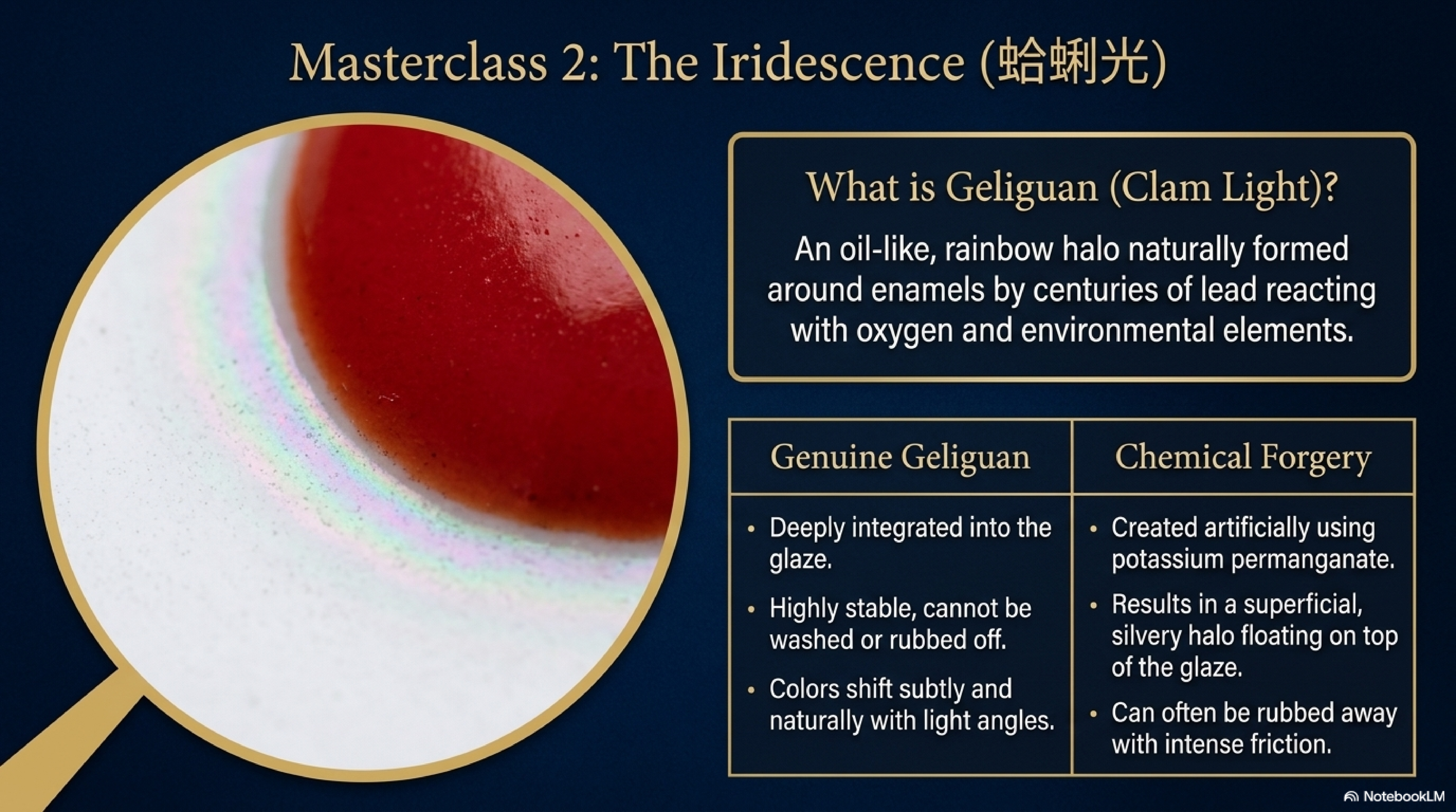 Masterclass — The Iridescence (蛤蜊光 Geliguan): magnified view of authentic aged overglaze enamel showing oil-like rainbow halo naturally formed by centuries of lead reacting with oxygen; genuine Geliguan (deeply integrated, colour-shifting, cannot be rubbed off) versus chemical forgery (superficial silvery halo, rubs away)