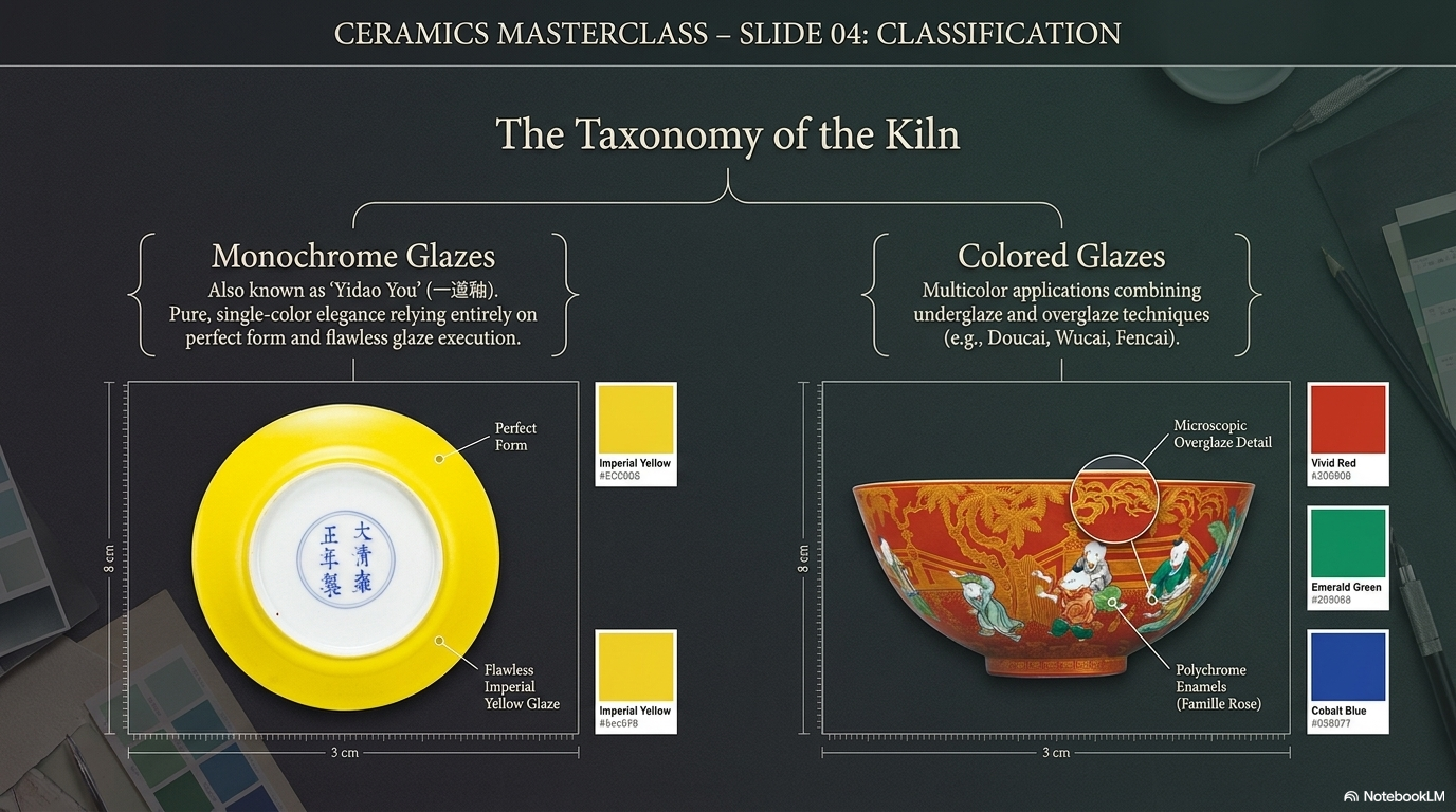 The Taxonomy of the Kiln — Monochrome Glazes (一道釉, pure single-colour with perfect form and flawless glaze execution, exemplified by Imperial Yellow 浇黄) versus Colored Glazes (multicolour combinations of underglaze and overglaze techniques including Doucai, Wucai, Fencai)