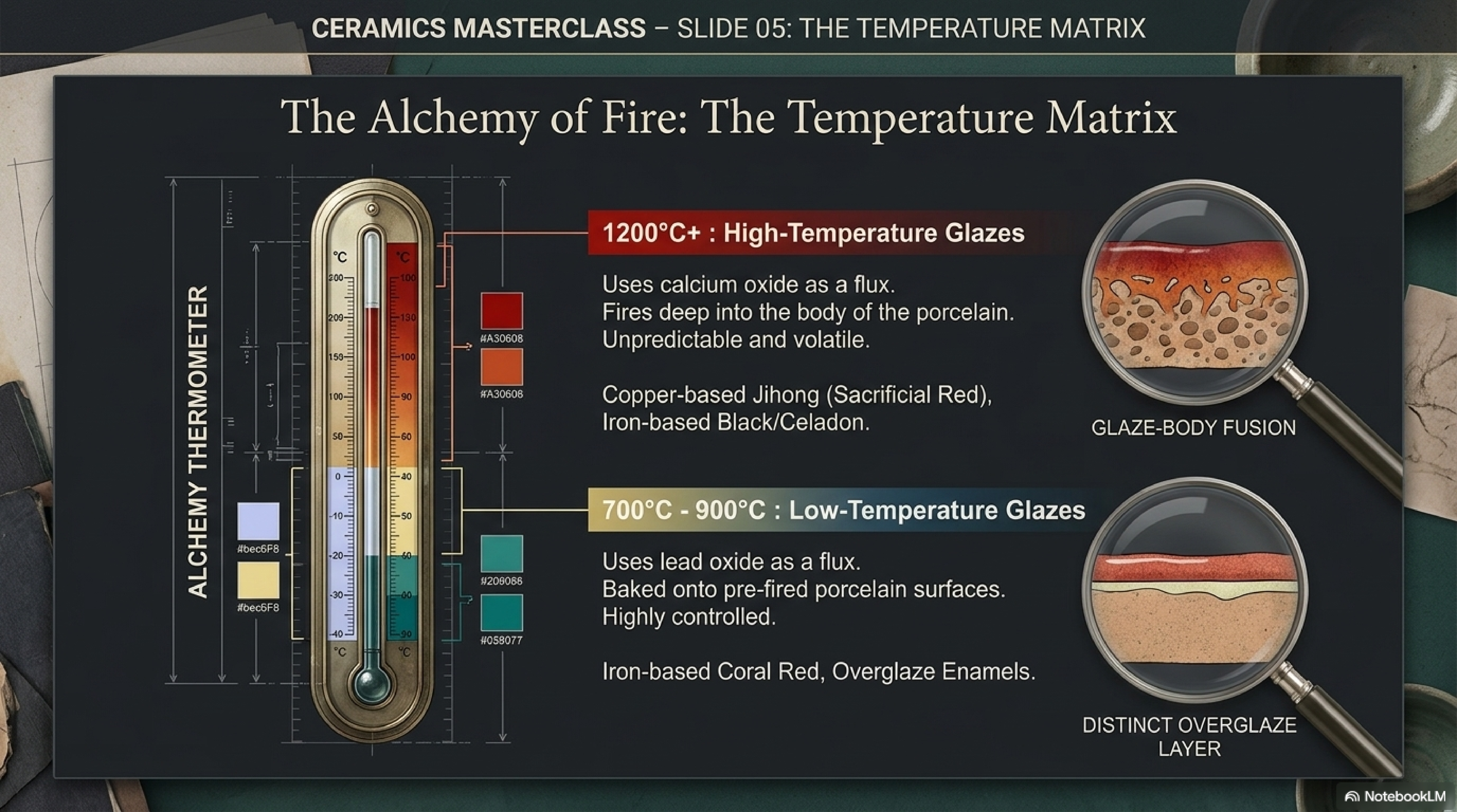 The Alchemy of Fire: The Temperature Matrix — high-fire glazes (1200°C+, calcium flux, glaze-body fusion, unpredictable) versus low-fire glazes (700–900°C, lead flux, distinct overglaze layer, controlled)