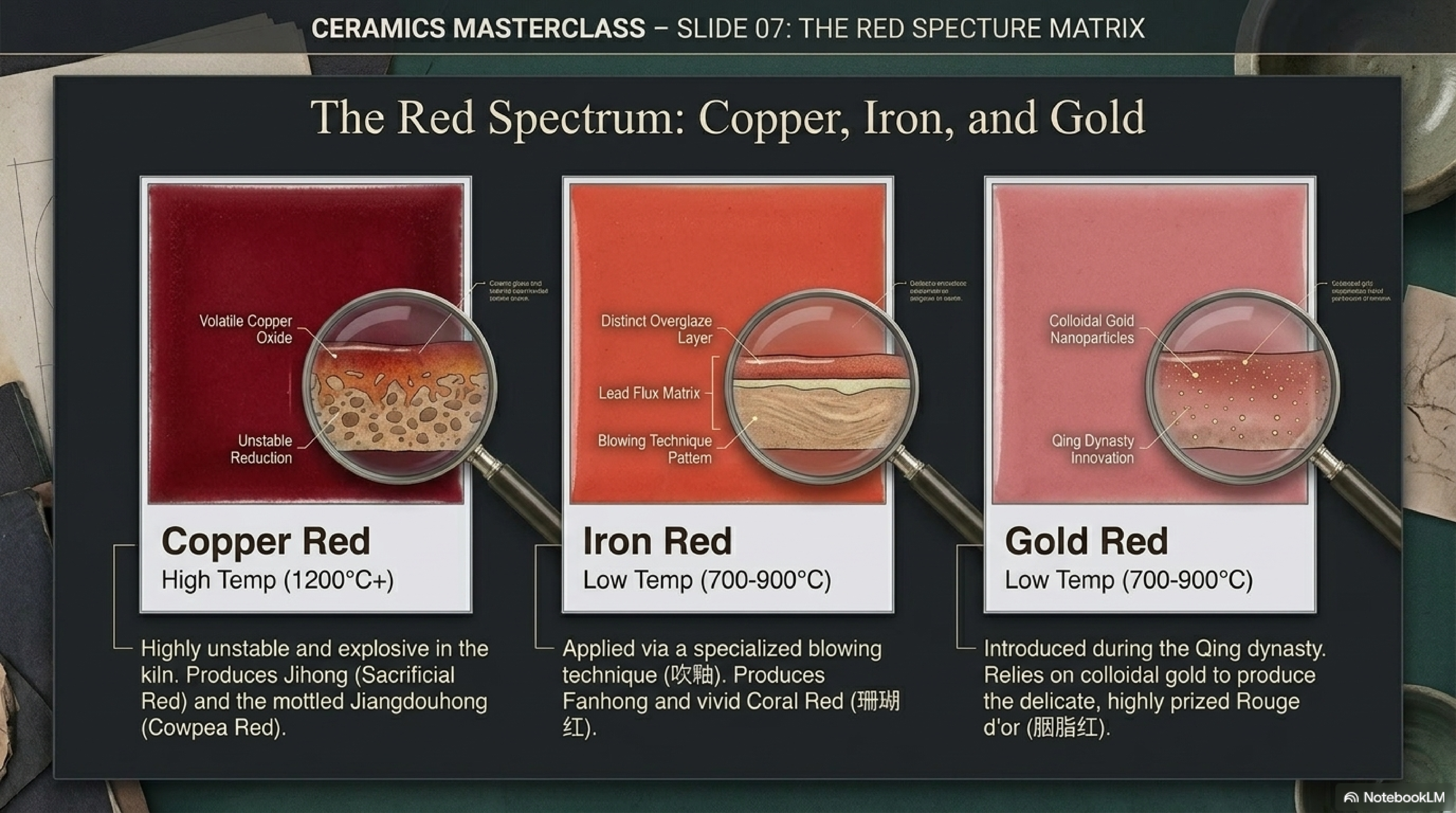 The Red Spectrum — Copper Red (high-fire 1200°C+, volatile copper oxide, produces 祭红 Sacrificial Red and 豇豆红 Cowpea Red), Iron Red (low-fire 700–900°C, blowing technique, produces 珊瑚红 Coral Red), Gold Red (low-fire, colloidal gold nanoparticles, Qing dynasty innovation, produces 胭脂红 Rouge d'or)