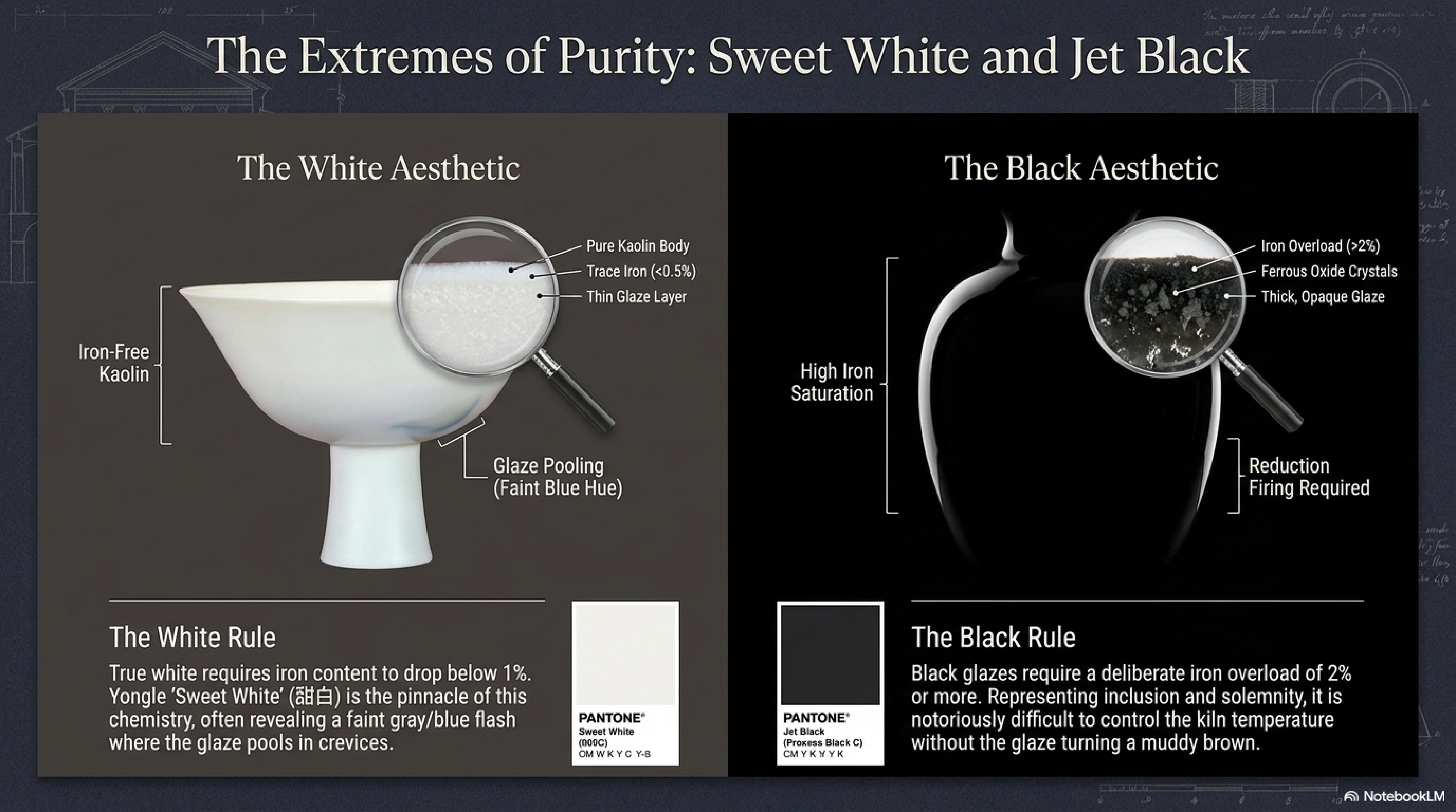 The Extremes of Purity — Sweet White (甜白) and Jet Black (乌金釉): Sweet White requires iron content below 1%, Yongle 甜白 is the pinnacle with faint blue flash at glaze pools; Jet Black requires iron overload above 2%, opaque thick glaze in reduction, notoriously difficult temperature control