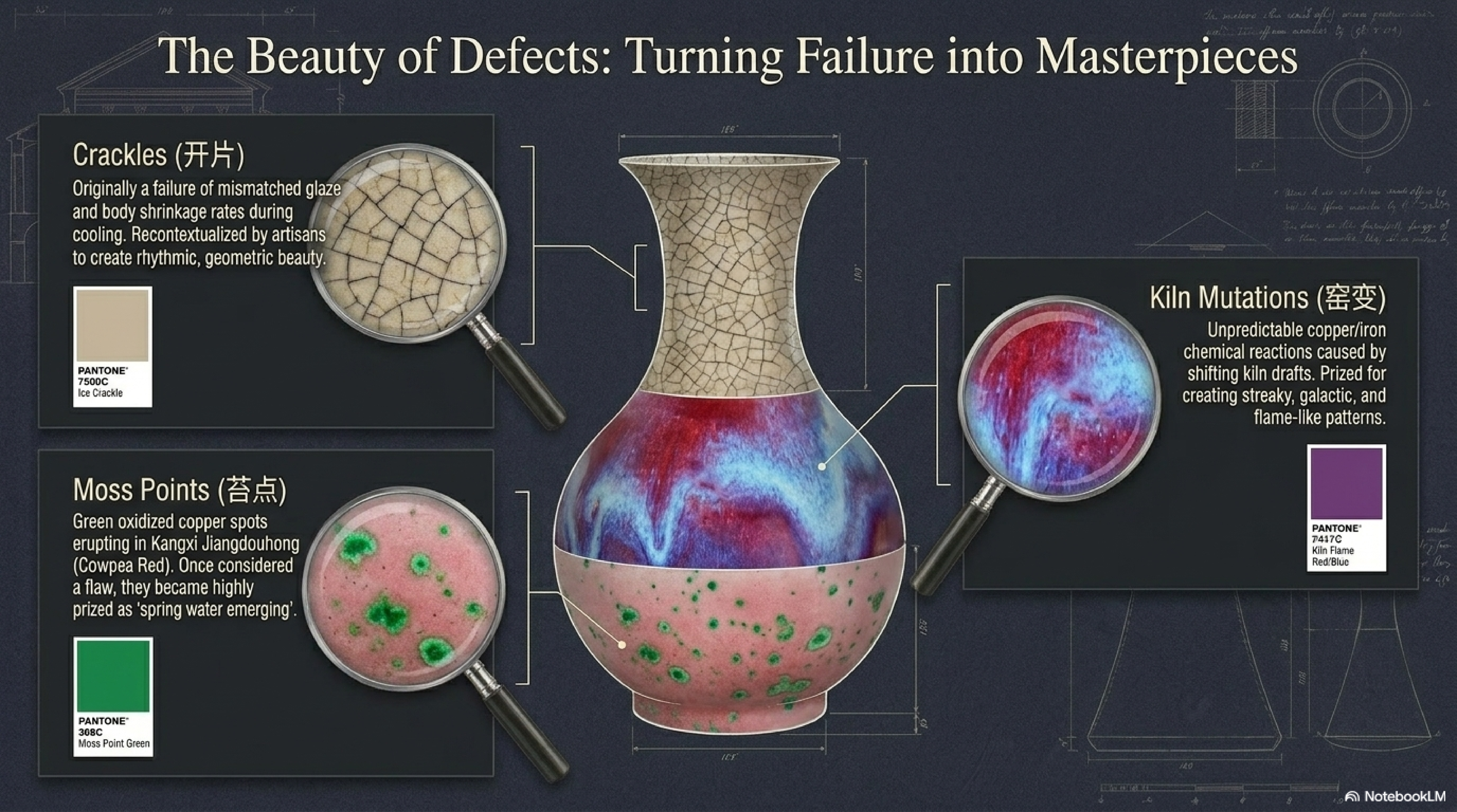 The Beauty of Defects: Turning Failure into Masterpieces — 开片 Crackles (mismatched glaze/body shrinkage rates, recontextualised as rhythmic geometric beauty), 苔点 Moss Points (green oxidised copper spots in 豇豆红, prized as 'spring water emerging'), 窑变 Kiln Mutations (unpredictable copper/iron reactions from shifting kiln drafts, producing streaky galactic flame-like patterns)