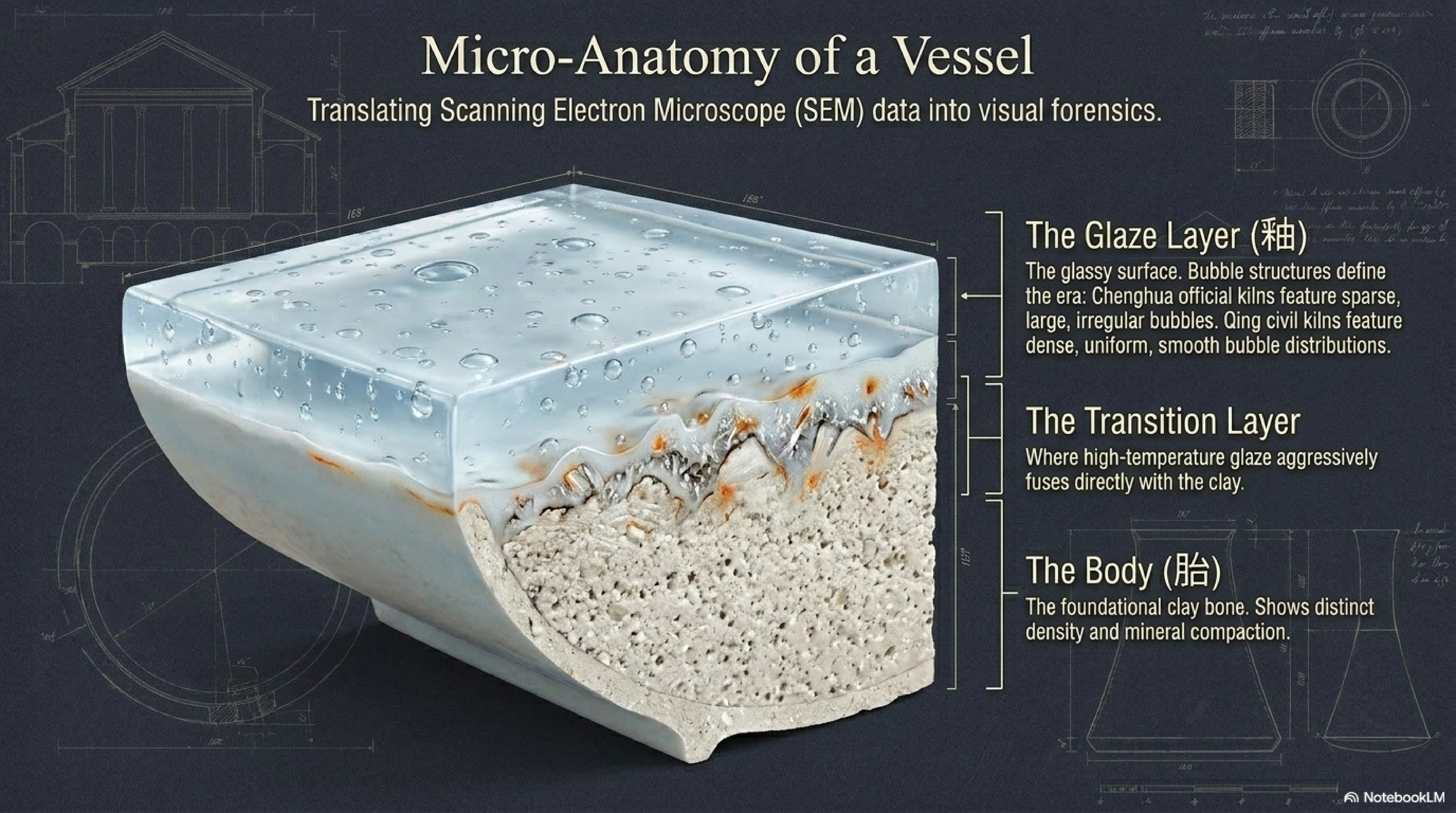 Micro-Anatomy of a Vessel — SEM cross-section diagram showing three layers: The Glaze Layer (釉) with bubble structures defining the era, The Transition Layer where high-temperature glaze fuses aggressively with clay, and The Body (胎) showing distinct density and mineral compaction