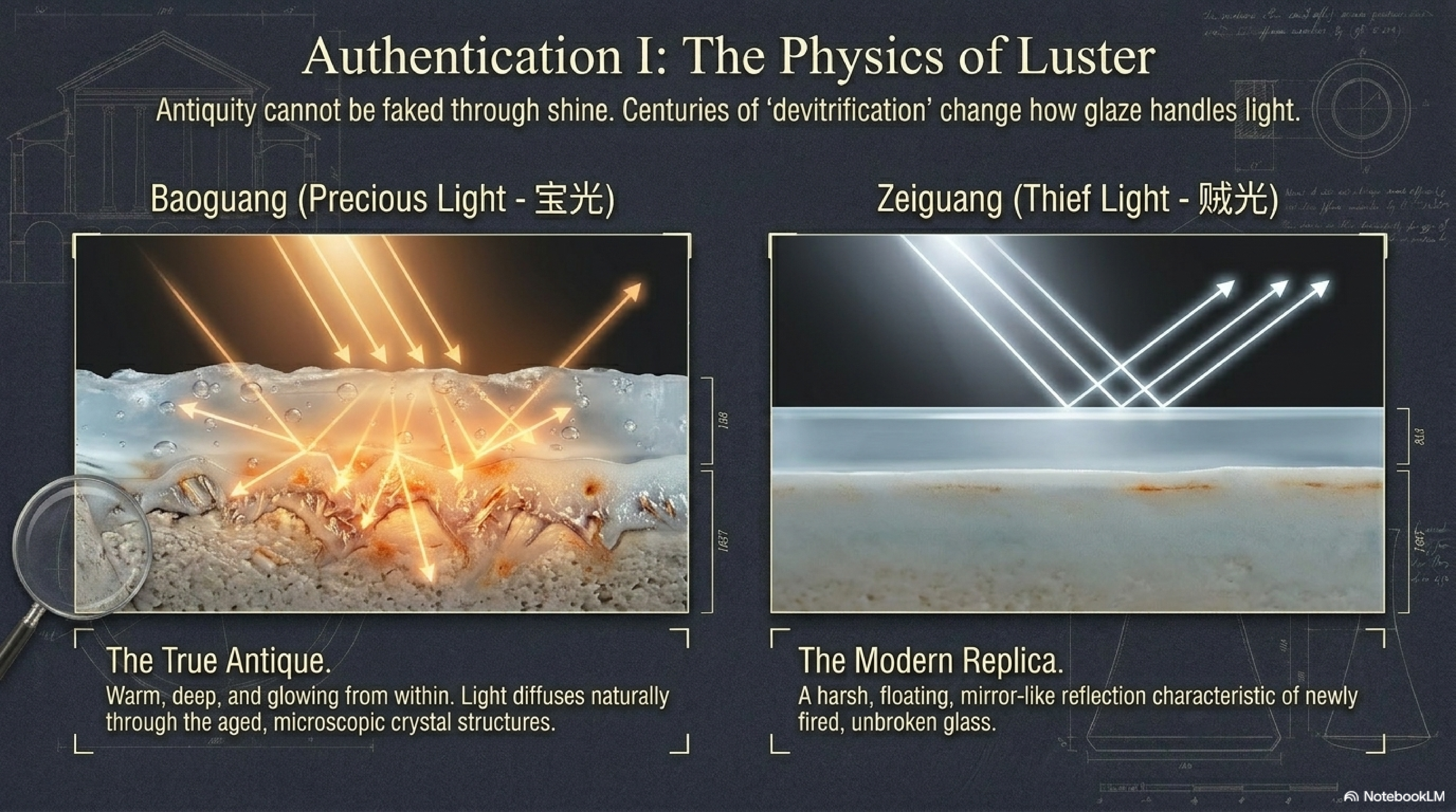 Authentication I: The Physics of Luster — 宝光 Baoguang (Precious Light): True Antique, warm and deep, light diffuses naturally through aged microscopic crystal structures; 贼光 Zeiguang (Thief/Harsh Light): Modern Replica, harsh floating mirror-like reflection from freshly fired unbroken glass surface