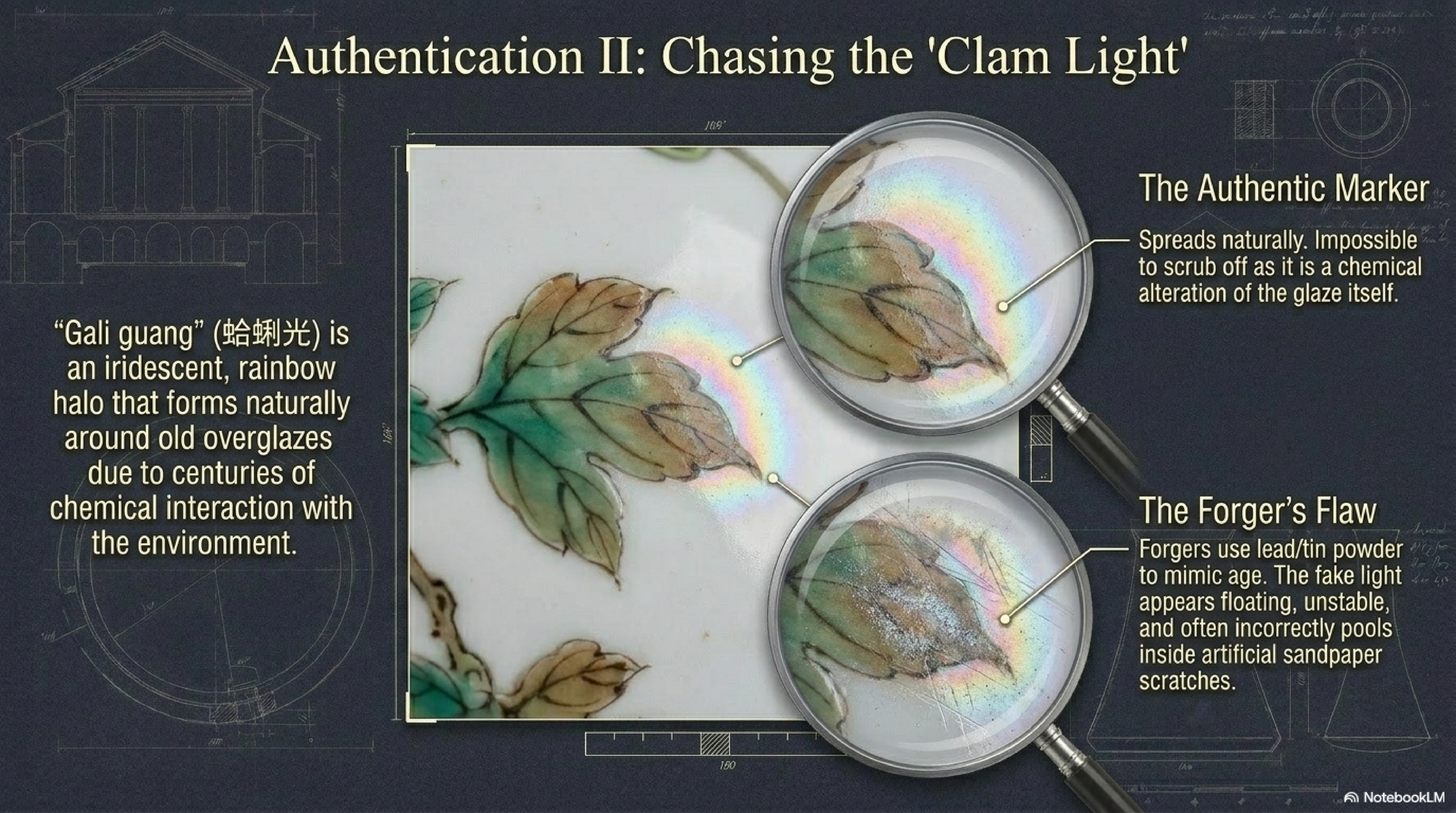 Authentication II: Chasing the Clam Light (蛤蜊光 Gali guang) — iridescent rainbow halo naturally forming around old overglaze due to centuries of chemical interaction with the environment; Authentic Marker spreads naturally and cannot be scrubbed off; Forger's Flaw uses lead/tin powder creating floating unstable light that pools incorrectly in artificial sandpaper scratches