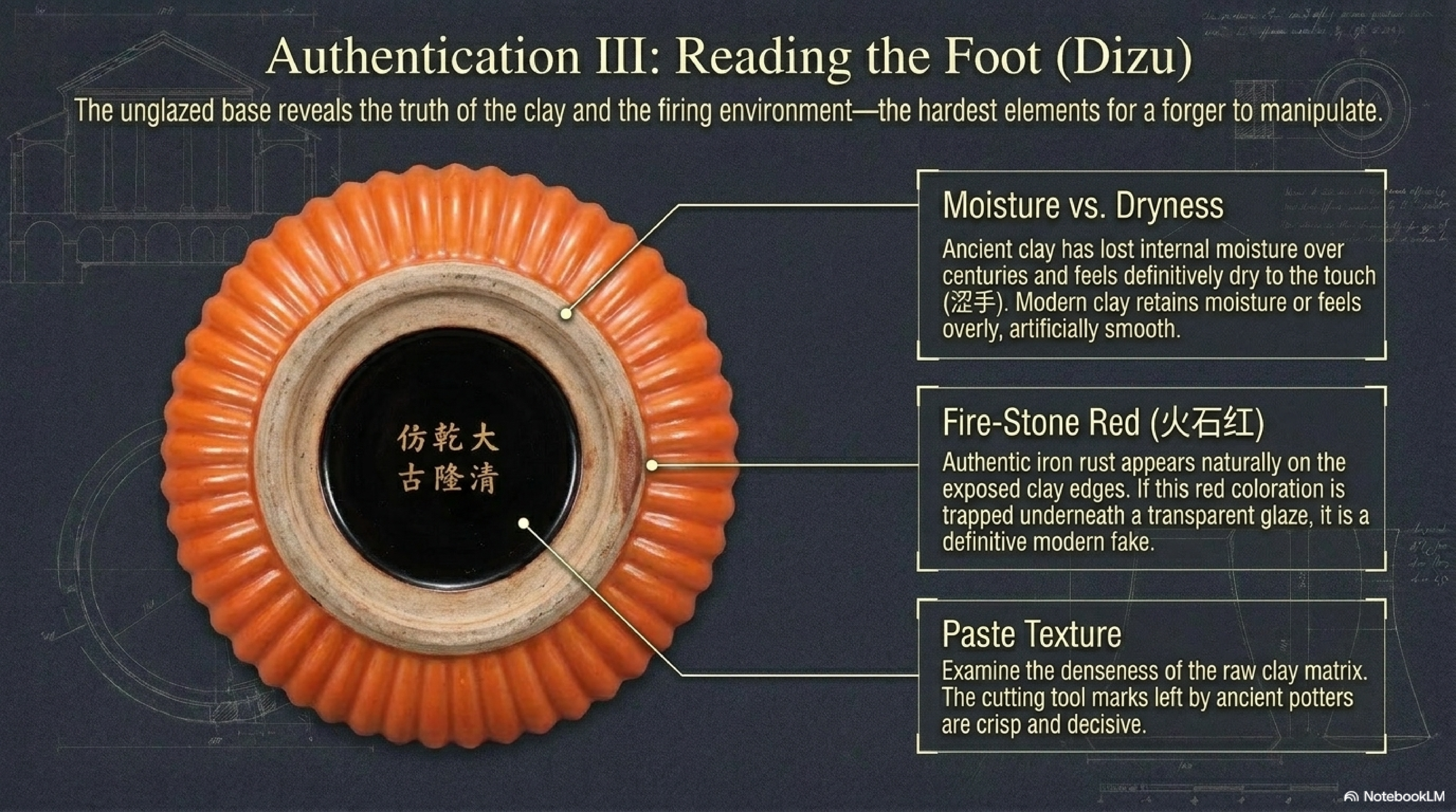 Authentication III: Reading the Foot (Dizu) — unglazed base of a Qianlong-period vessel showing three key tests: Moisture vs. Dryness (ancient dry clay vs. modern moisture-retaining), Fire-Stone Red (火石红 natural iron rust at exposed clay edges), and Paste Texture (dense matrix with crisp decisive cutting tool marks)