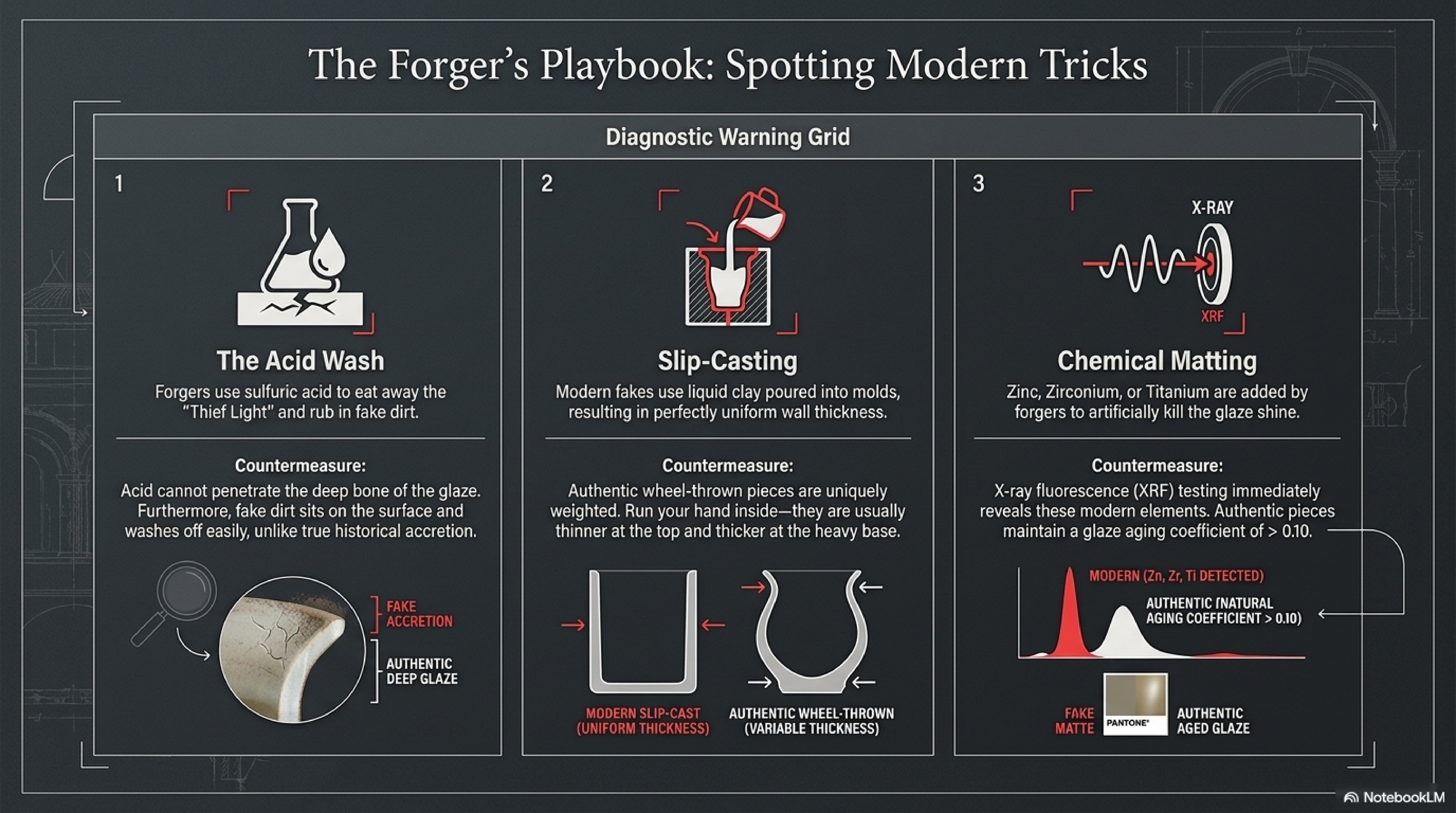 The Forger's Playbook: Spotting Modern Tricks — three diagnostic warning signs: 1) The Acid Wash (forgers use sulfuric acid to remove Thief Light and rub in fake dirt, but fake accretion sits on surface while authentic accretion penetrates deep glaze bone); 2) Slip-Casting (perfectly uniform wall thickness vs authentic wheel-thrown variable thickness); 3) Chemical Matting (Zinc/Zirconium/Titanium additives detected by XRF testing)