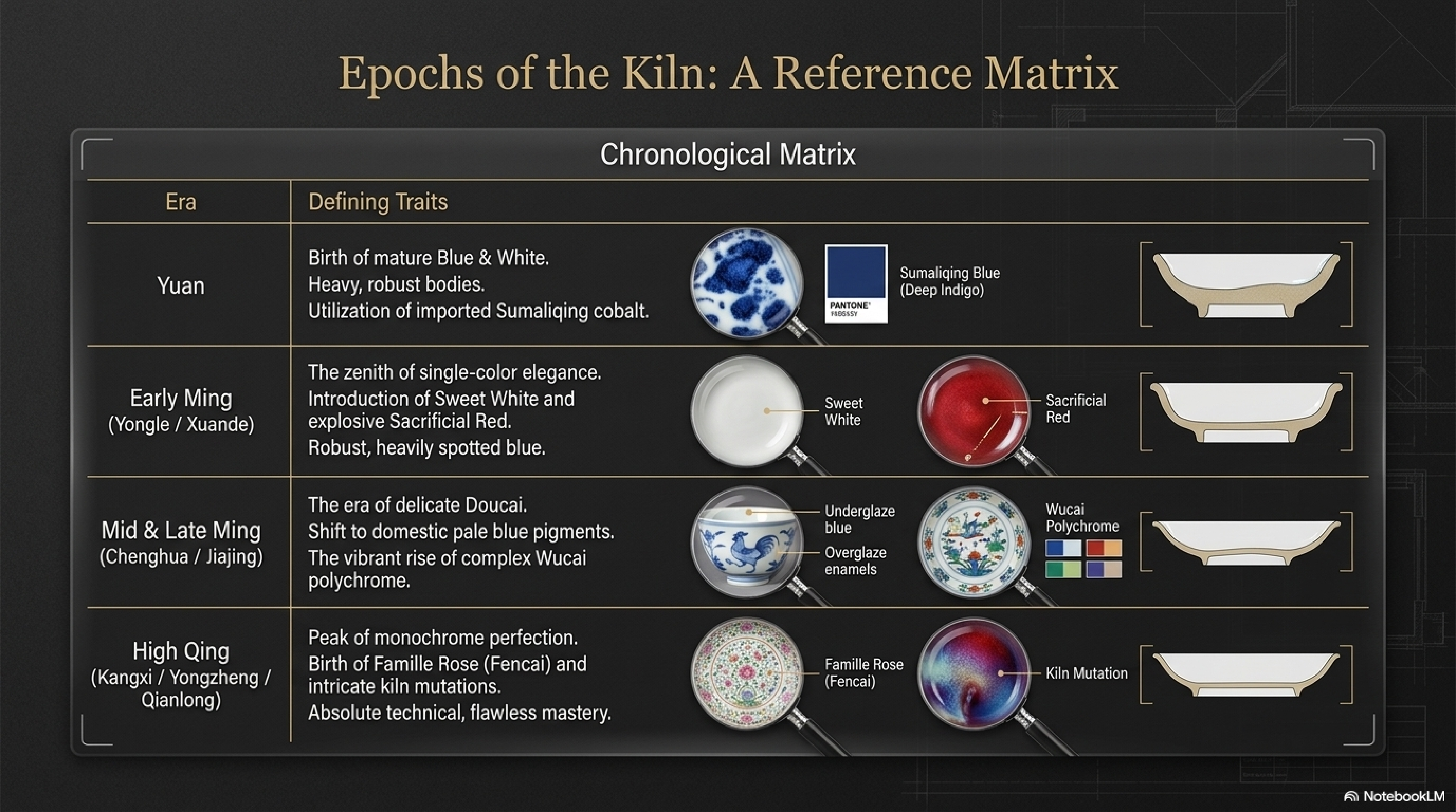 Epochs of the Kiln: A Reference Matrix — chronological table of Chinese ceramics from Yuan through High Qing, showing defining traits, key glazes, and technical achievements of each era