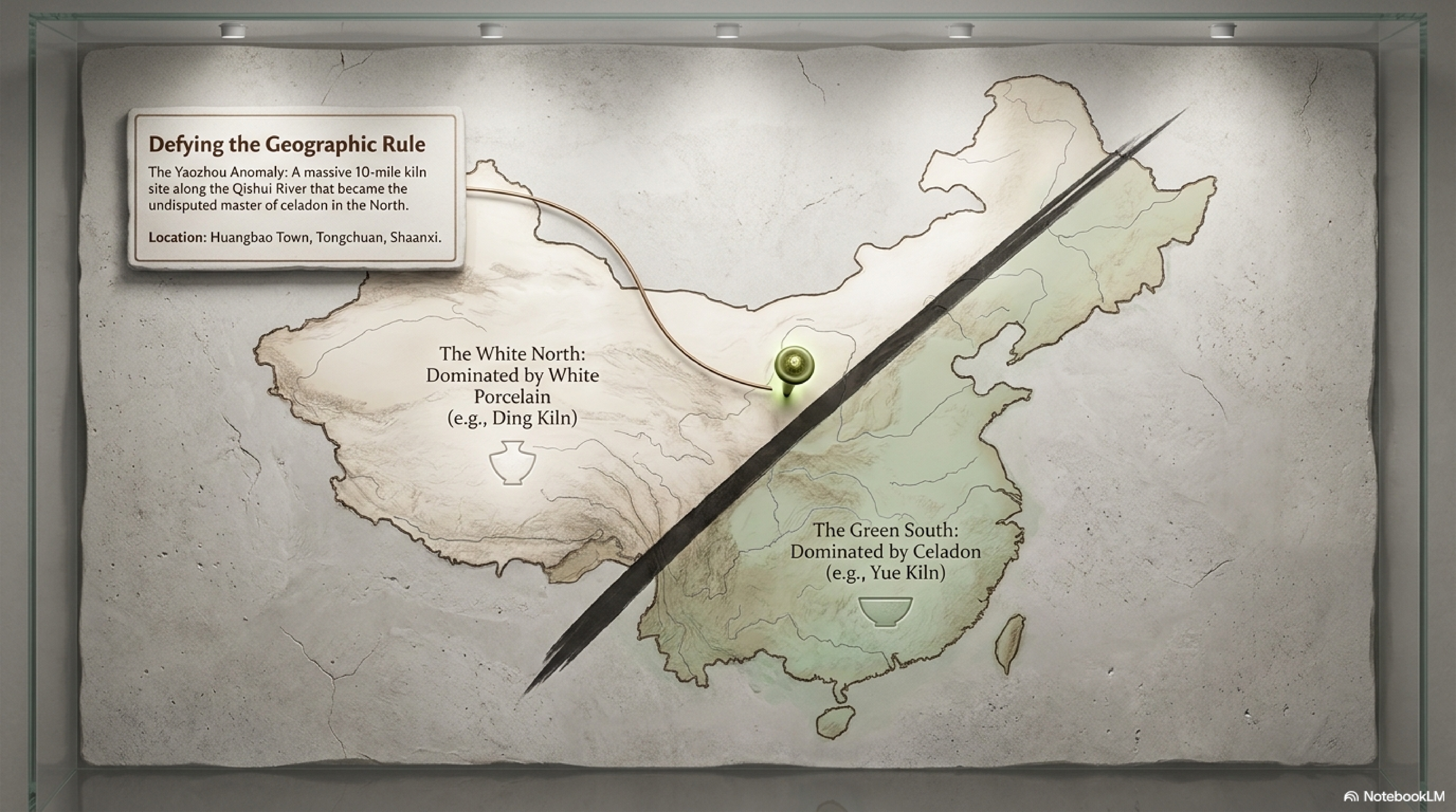 Geographic map of Yaozhou kiln production zone — Huangbao Town, Tongchuan, Shaanxi, showing the Qishui River valley coal-bearing geology and distribution of kiln sites