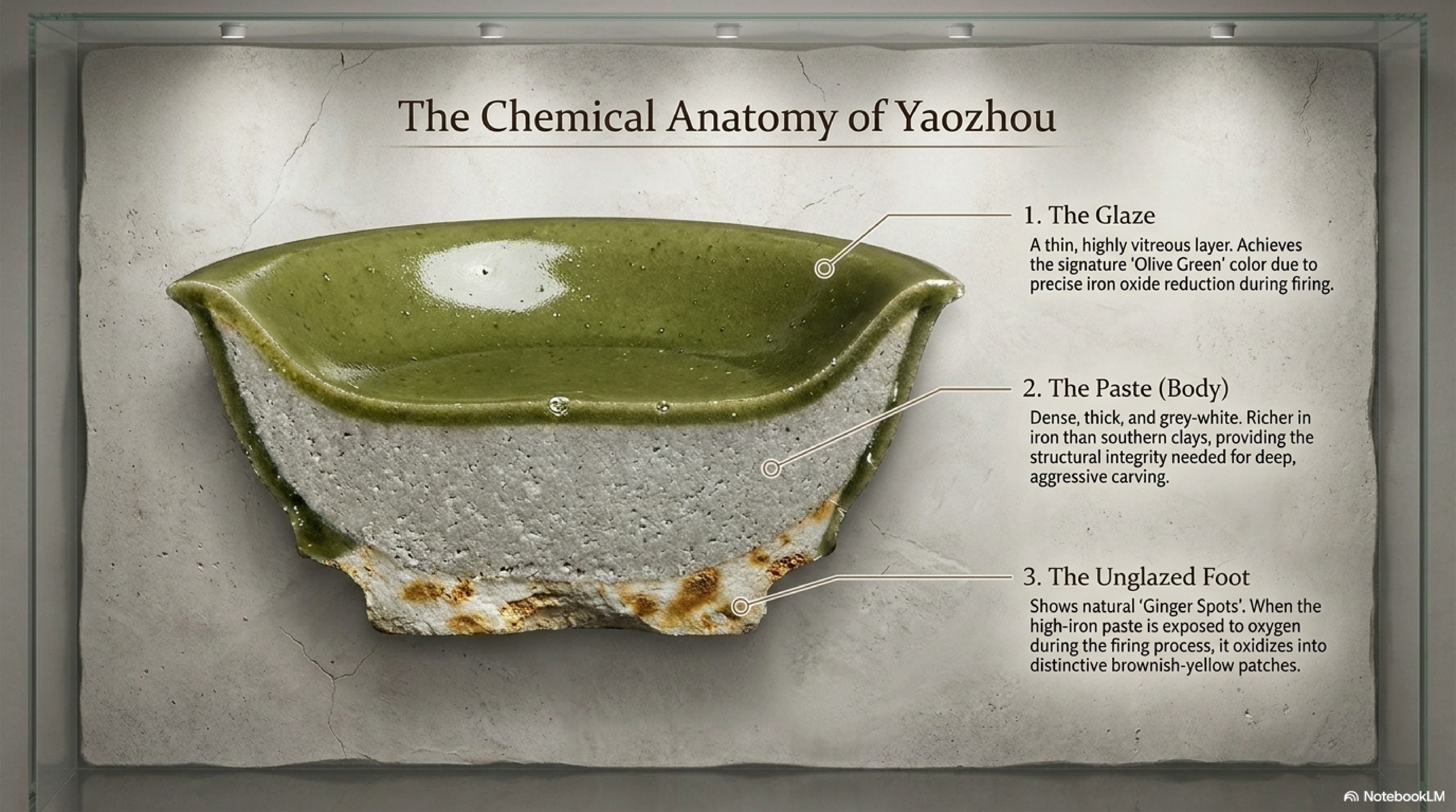 Yaozhou glaze chemistry and clay body composition — iron-coloured celadon glaze formula, grey-white Northern Song clay body with Al₂O₃ and Fe₂O₃ analysis